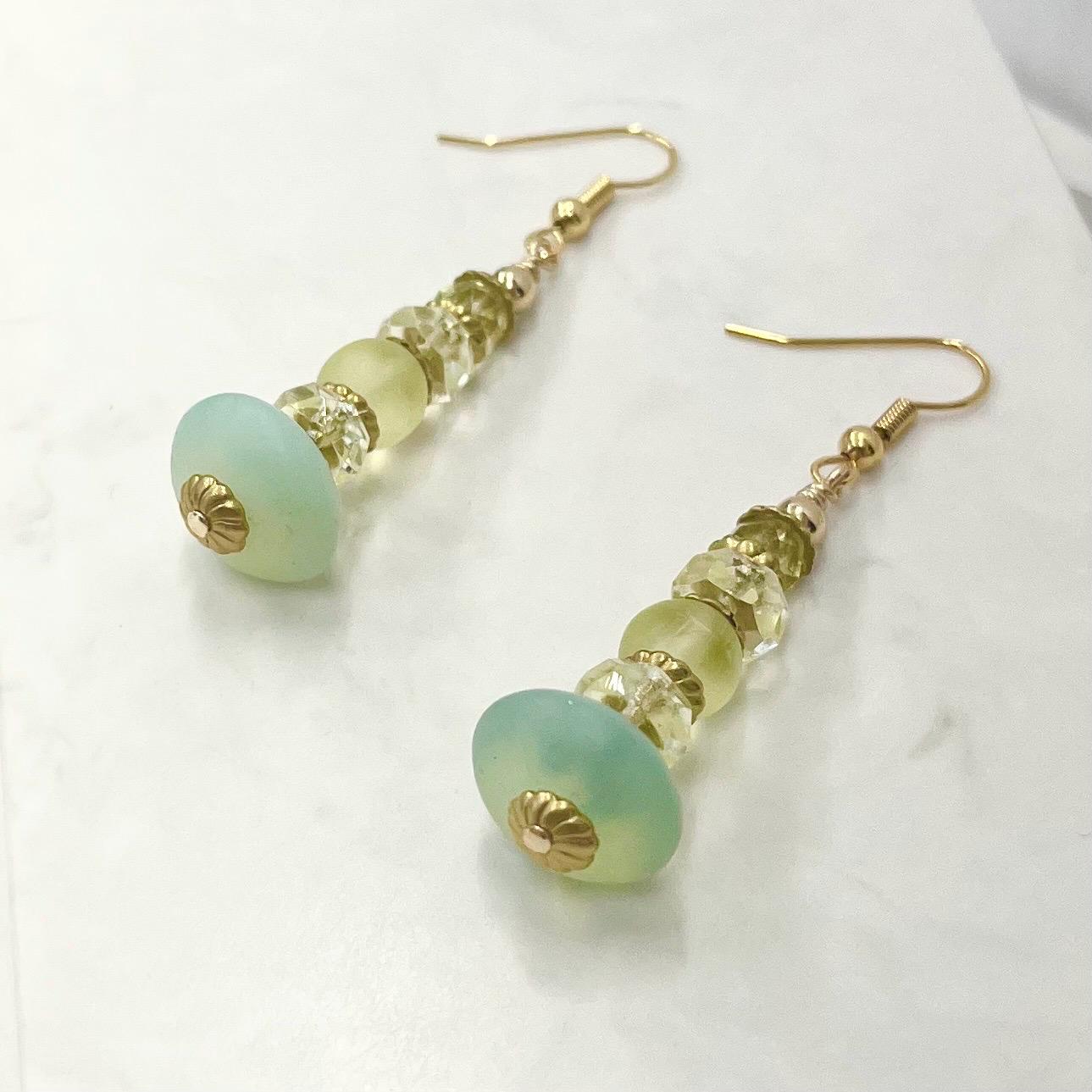 Teal Yellow & Green Uranium Glass Bead Drop Earrings Gold Plate UV Reactive Glow - Milly Oliver MillyOliverVintage
