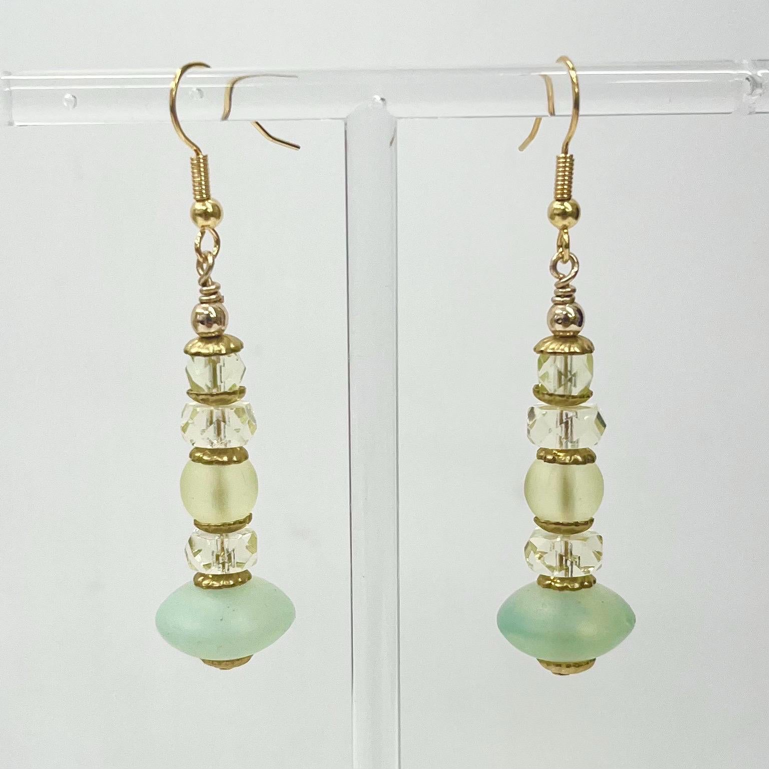 Teal Yellow & Green Uranium Glass Bead Drop Earrings Gold Plate UV Reactive Glow - Milly Oliver MillyOliverVintage