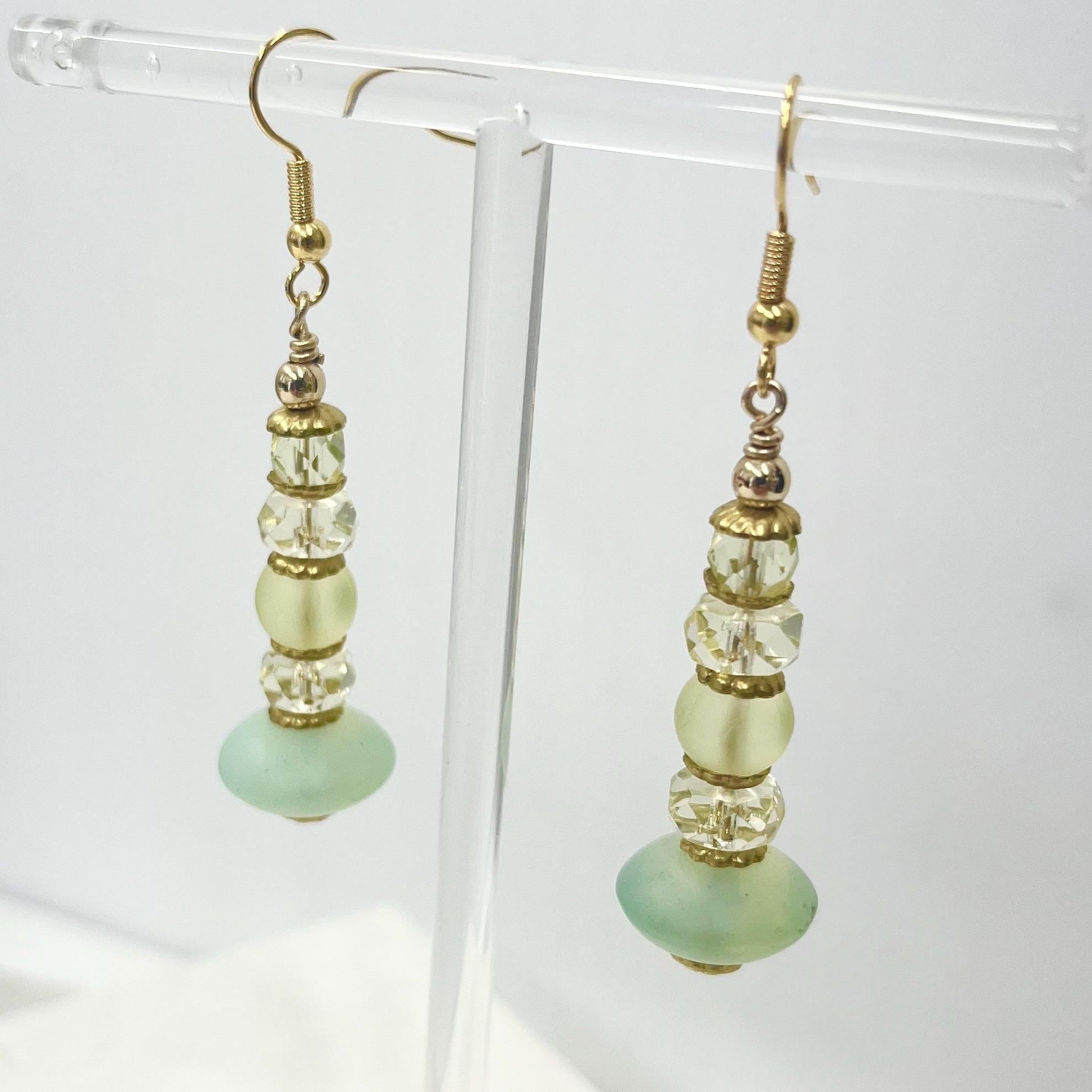Teal Yellow & Green Uranium Glass Bead Drop Earrings Gold Plate UV Reactive Glow - Milly Oliver MillyOliverVintage