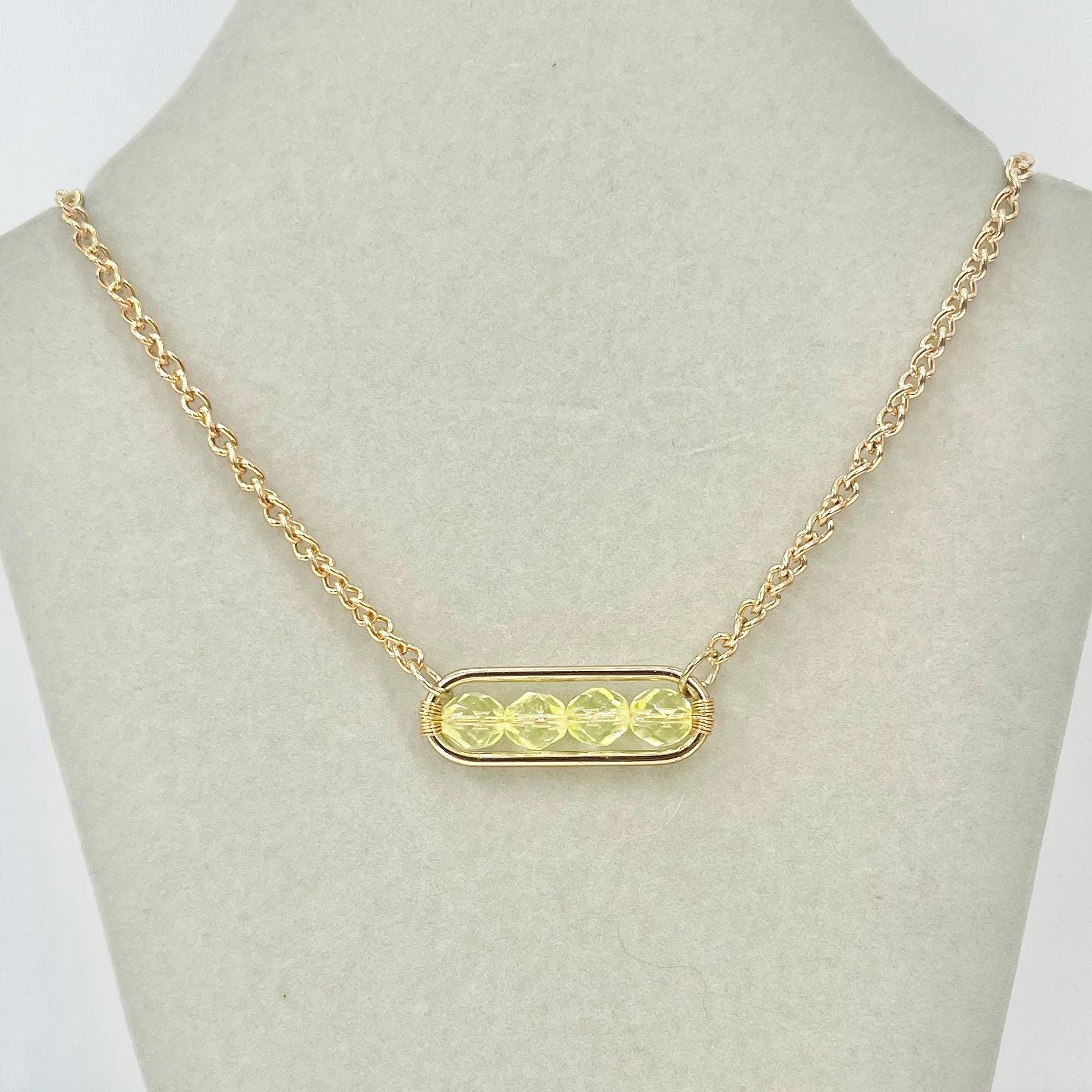 Contemporary Yellow Uranium Glass Crystal and Gold Plate Chain Necklace UV Reactive Glow MillyOliverVintage