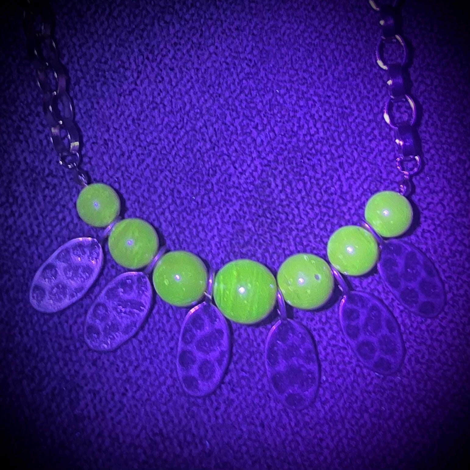 Orange Carnelian Glass Uranium Glass Gold Plated Chain Necklace UV Reactive Glow MillyOliverVintage