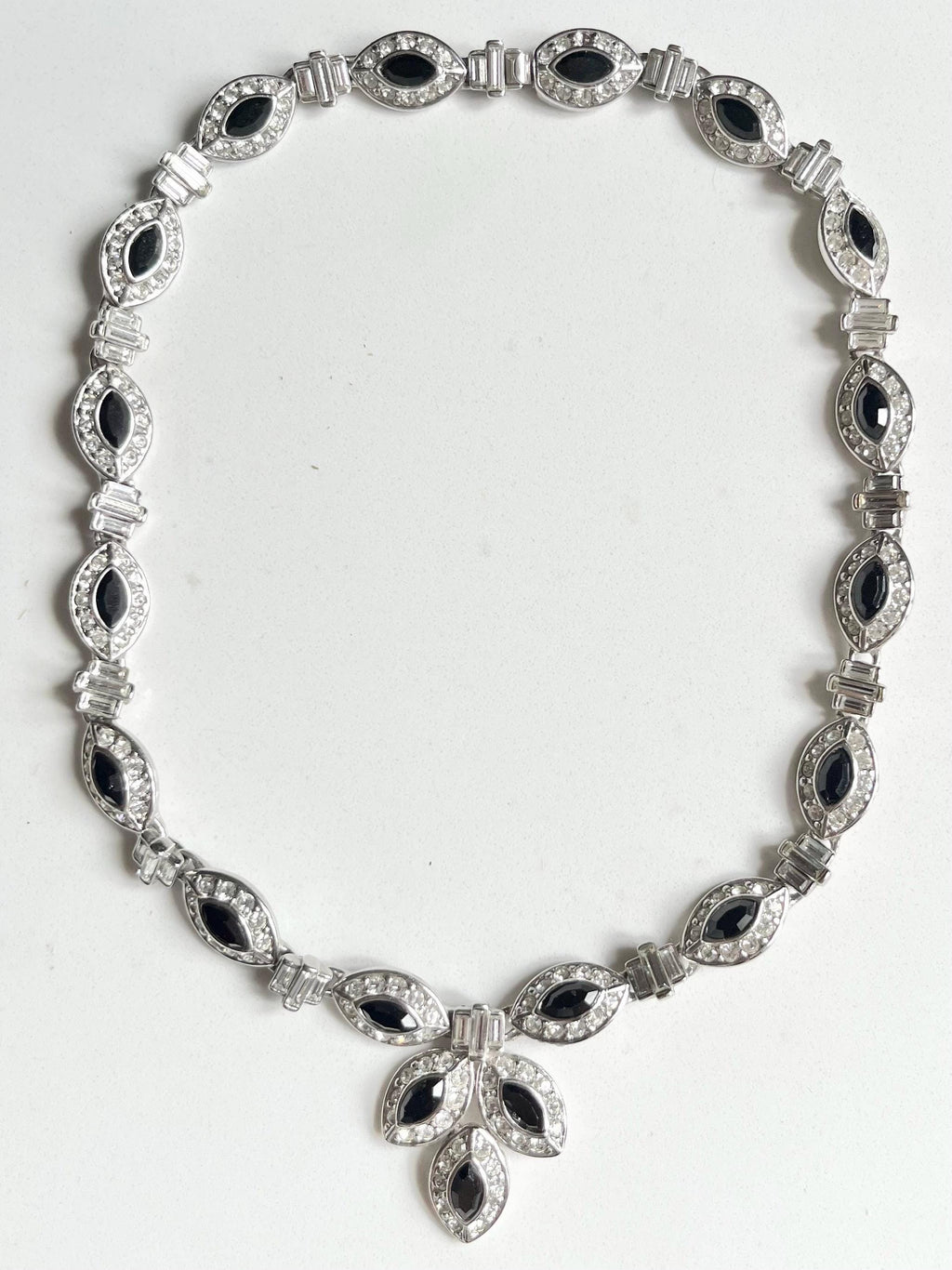 Stunning Vintage Attwood & Sawyer Silver Plate Clear and Black Crystal Paste Diamante Drop Necklace Art Deco Style 17” MillyOliverVintage