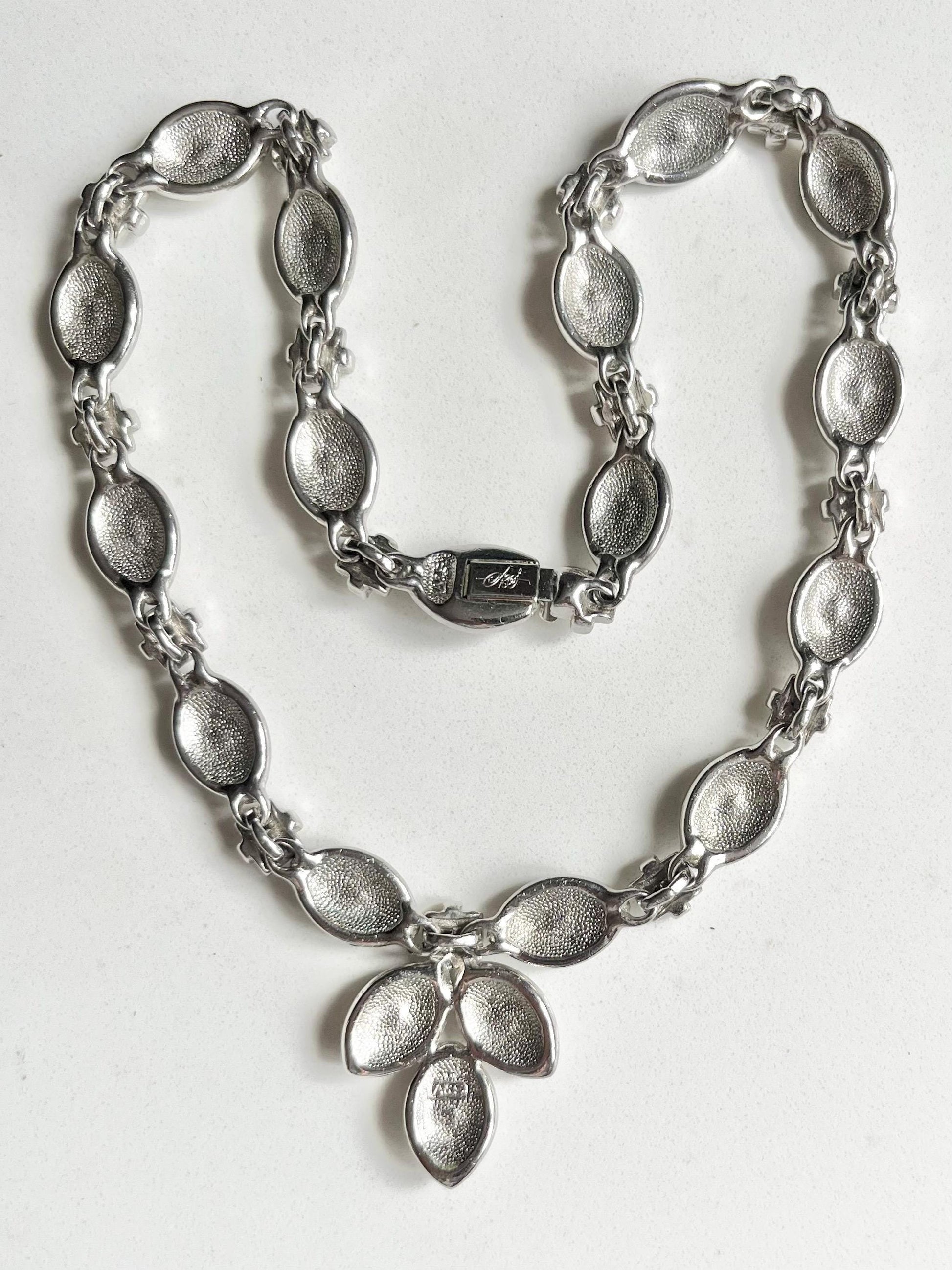 Stunning Vintage Attwood & Sawyer Silver Plate Clear and Black Crystal Paste Diamante Drop Necklace Art Deco Style 17” MillyOliverVintage