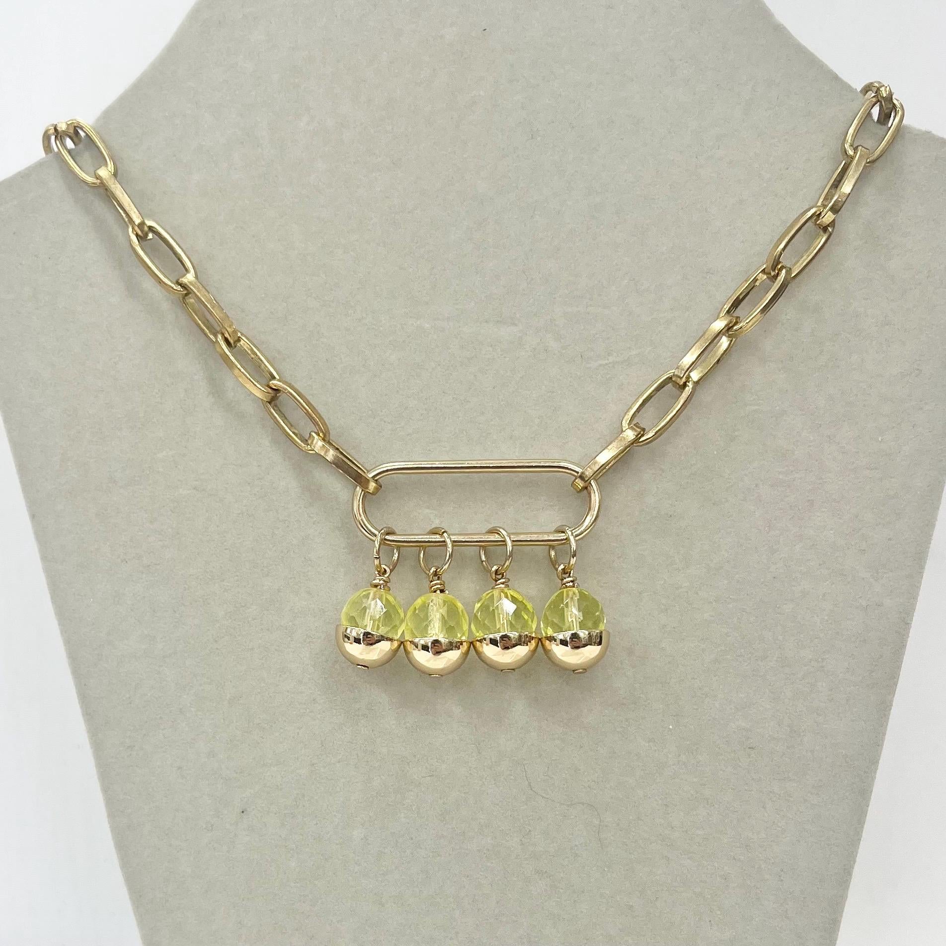 Contemporary Yellow Uranium Glass Crystal Bead Drop and Gold Plate Chain Necklace UV Reactive Glow MillyOliverVintage