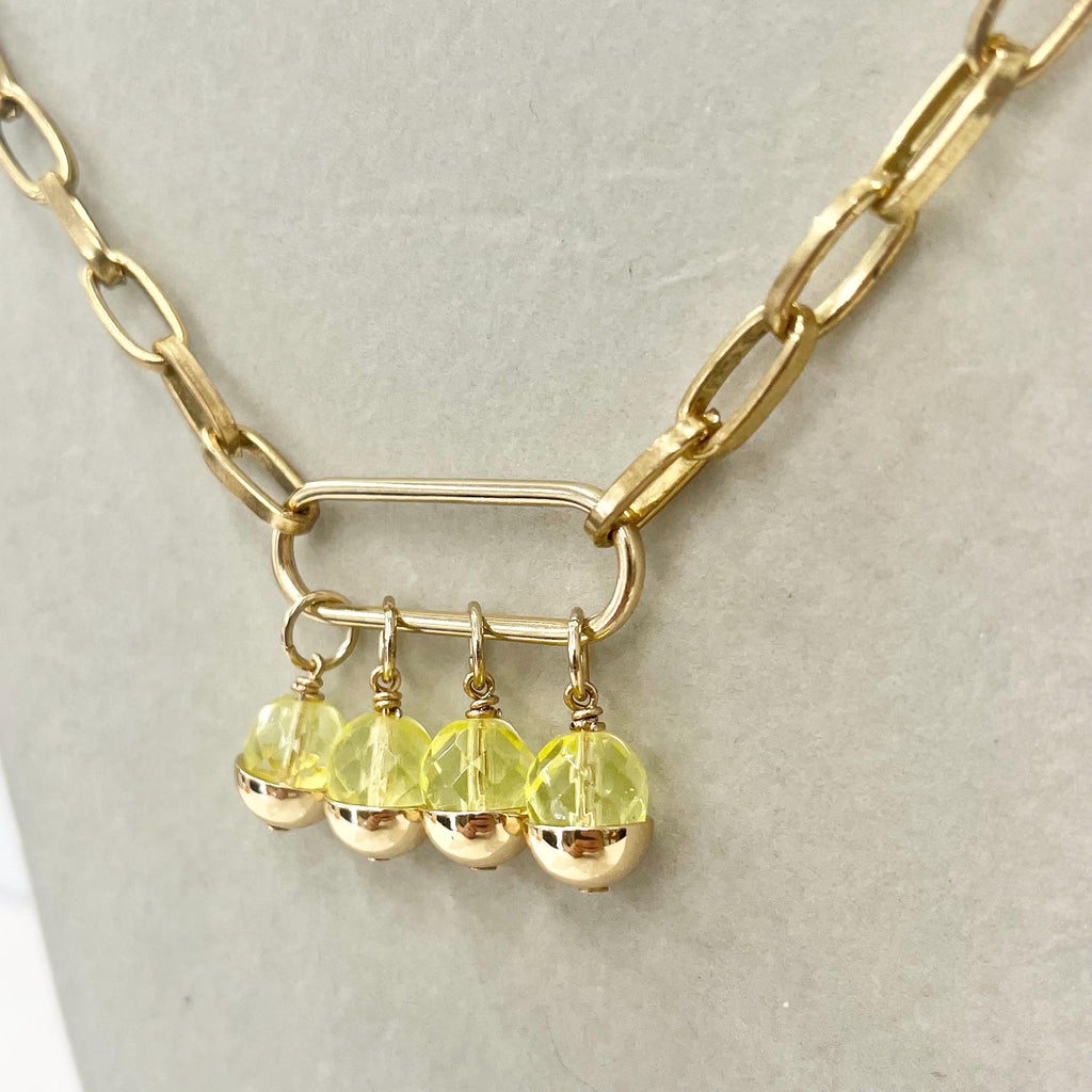 Contemporary Yellow Uranium Glass Crystal Bead Drop and Gold Plate Chain Necklace UV Reactive Glow MillyOliverVintage
