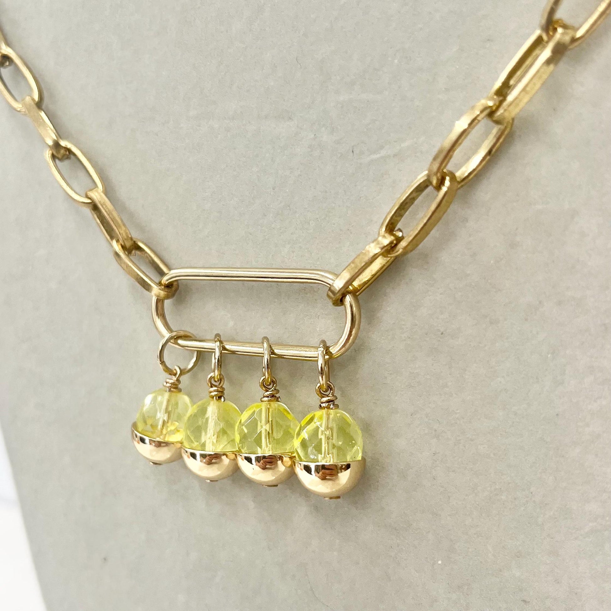 Contemporary Yellow Uranium Glass Crystal Bead Drop and Gold Plate Chain Necklace UV Reactive Glow MillyOliverVintage