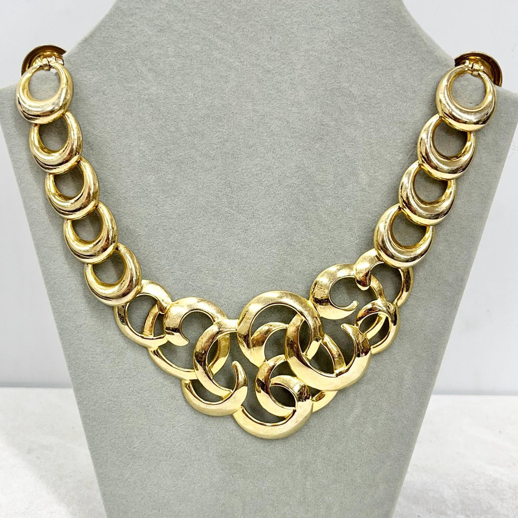 Vintage Pressed Metal Gold Plated Statement Chain Bib Collar Necklace 1970’s 1980’s Statement Power Dressing MillyOliverVintage