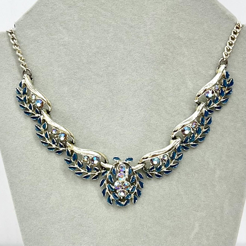 Vintage Exquisite Blue Floral & Leaf Diamante Crystal Necklace - Silver Tone Enamel, 1970s MillyOliverVintage