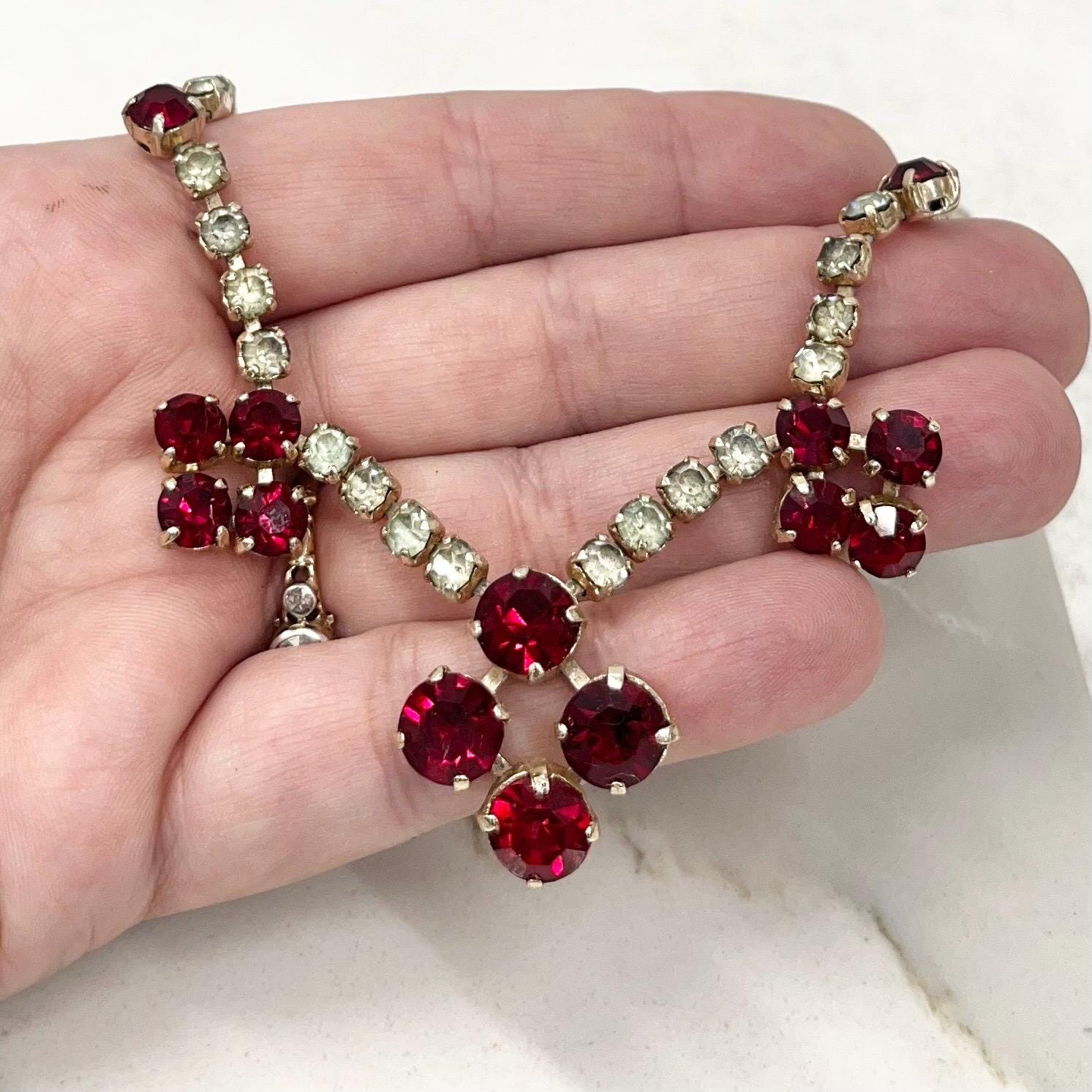 Vintage Silver Tone Clear and Ruby Red Crystal Paste Drop Necklace: 1960s Diamante Sparkle MillyOliverVintage