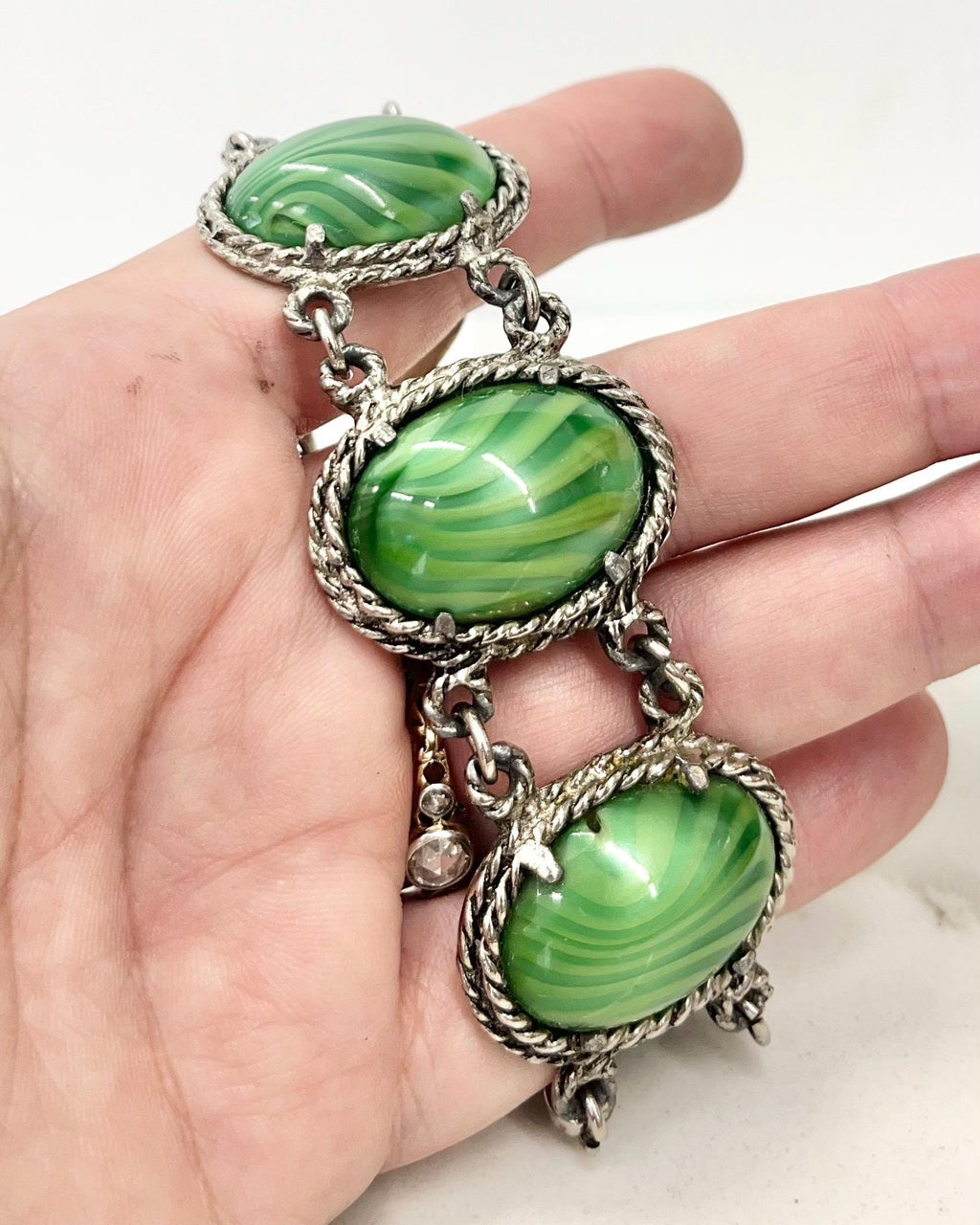 Vintage Wide Green Striped Satin Glass Cabochon Silver Tone Bracelet Excellent Quality 8” MillyOliverVintage