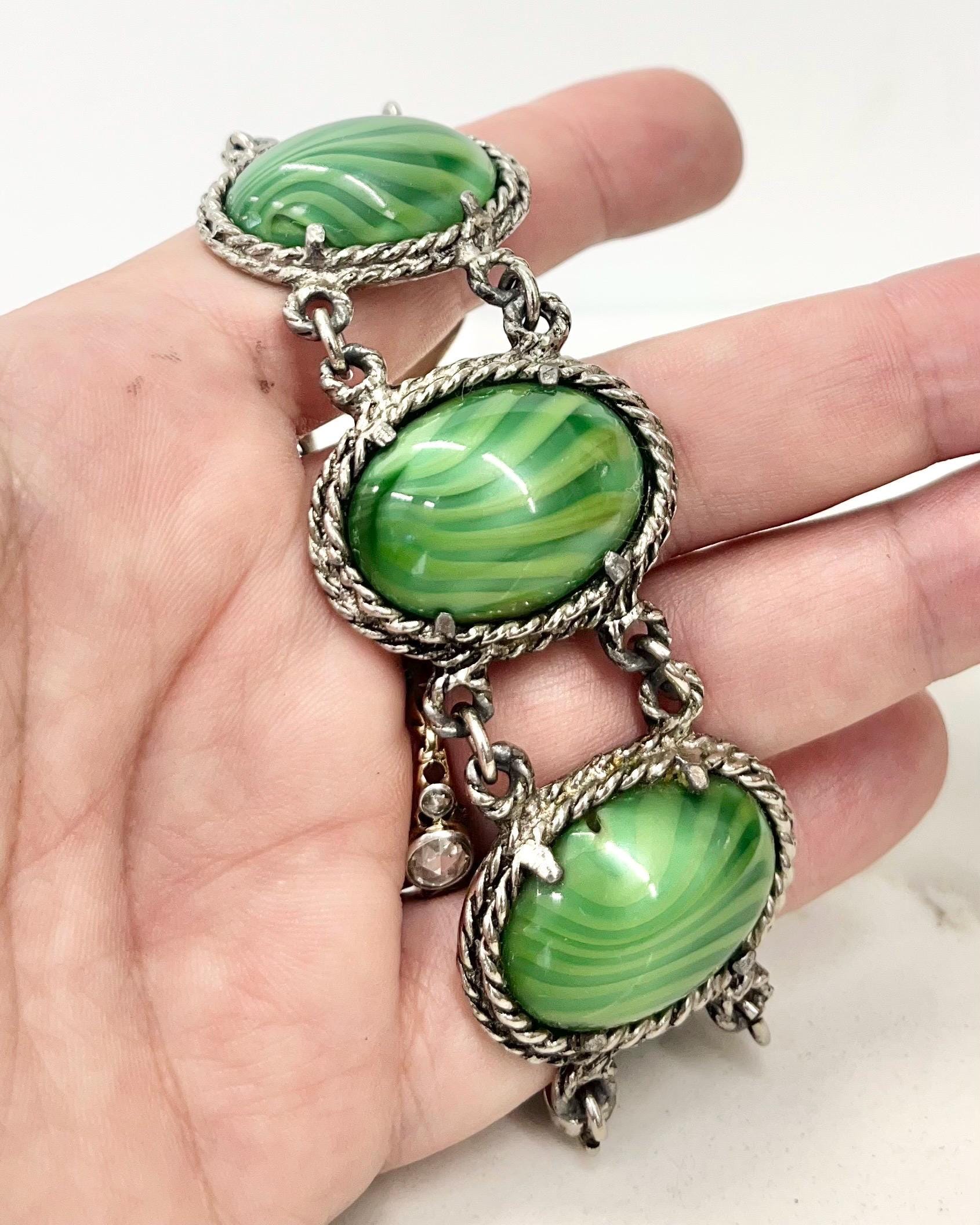 Vintage Wide Green Striped Satin Glass Cabochon Silver Tone Bracelet Excellent Quality 8” MillyOliverVintage