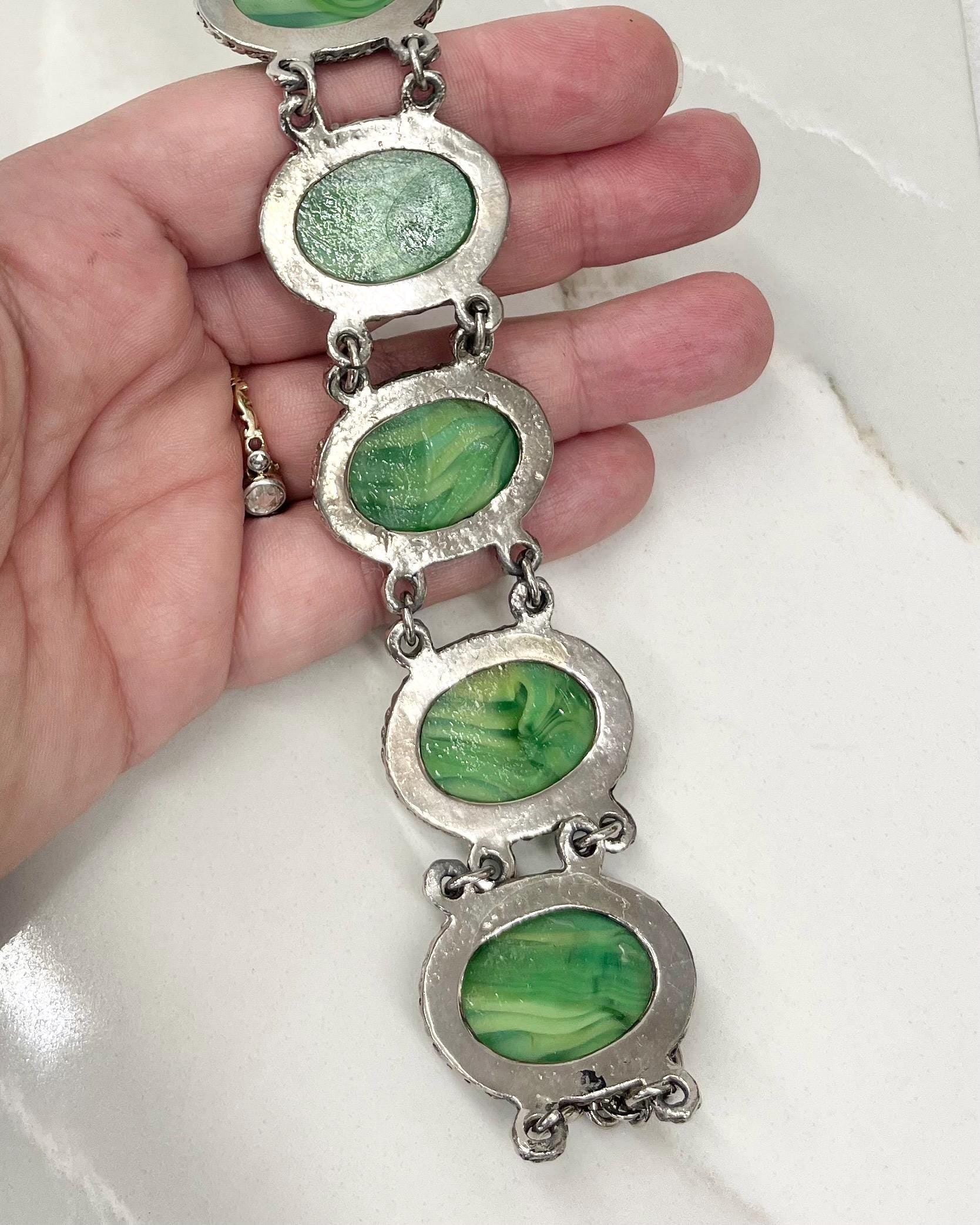 Vintage Wide Green Striped Satin Glass Cabochon Silver Tone Bracelet Excellent Quality 8” MillyOliverVintage