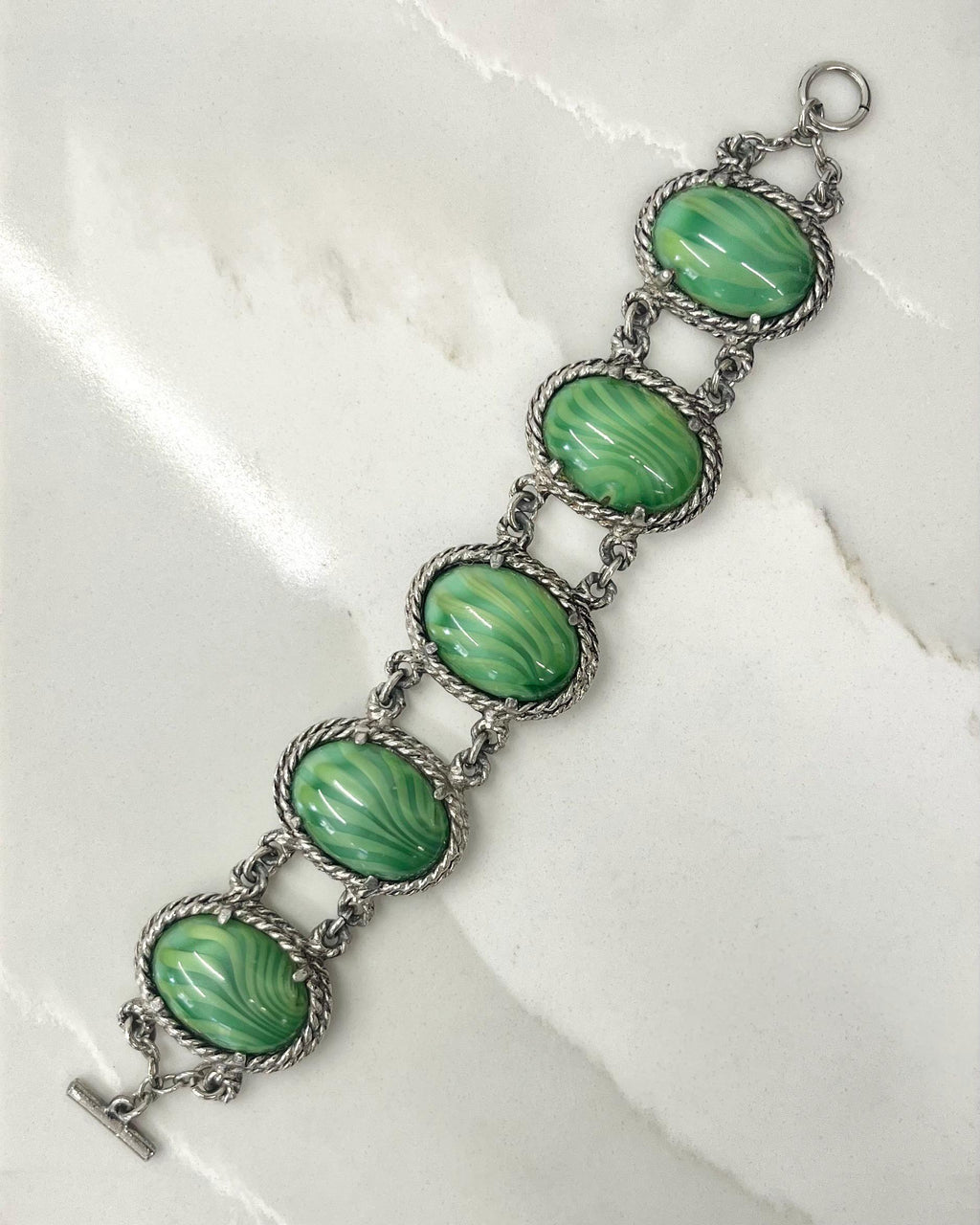 Vintage Wide Green Striped Satin Glass Cabochon Silver Tone Bracelet Excellent Quality 8” MillyOliverVintage