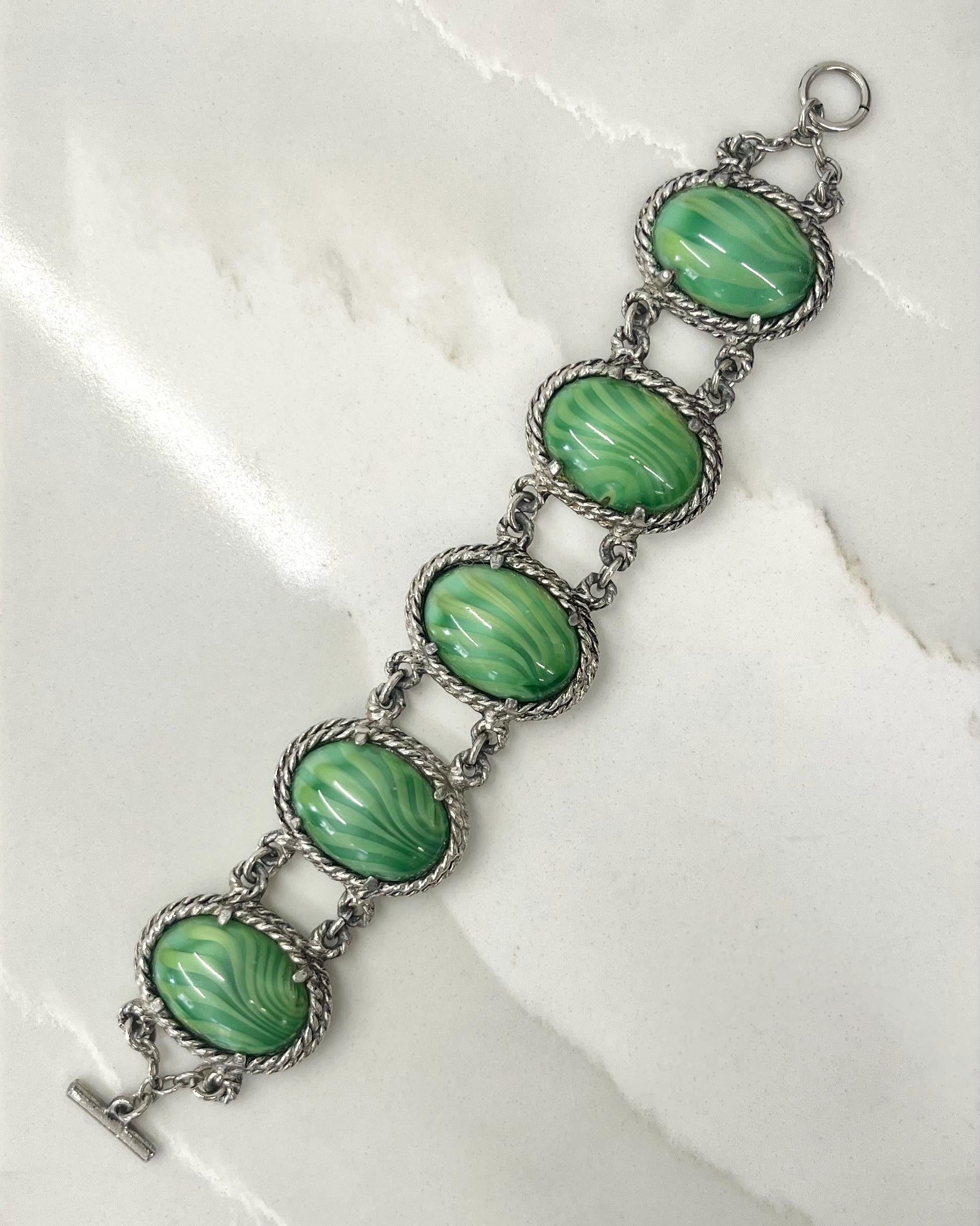 Vintage Wide Green Striped Satin Glass Cabochon Silver Tone Bracelet Excellent Quality 8” MillyOliverVintage