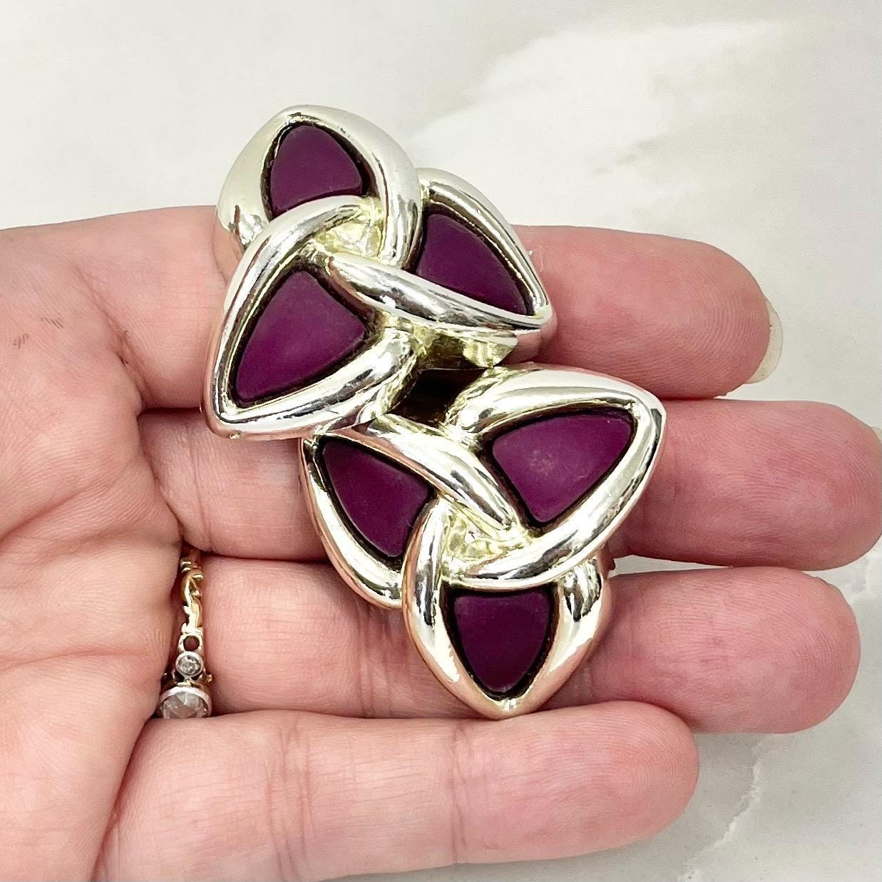 Vintage Chunky Triangular Purple and Gold Tone Statement Clip On Earrings 1980’s - 1990’s MillyOliverVintage