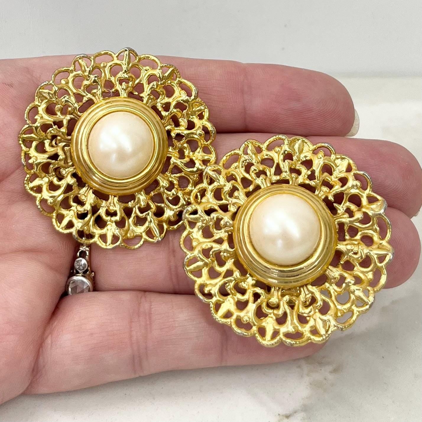 Vintage Gold Tone Large Filigree & Faux Pearl Clip On Earrings 1970’s - 1980’s MillyOliverVintage