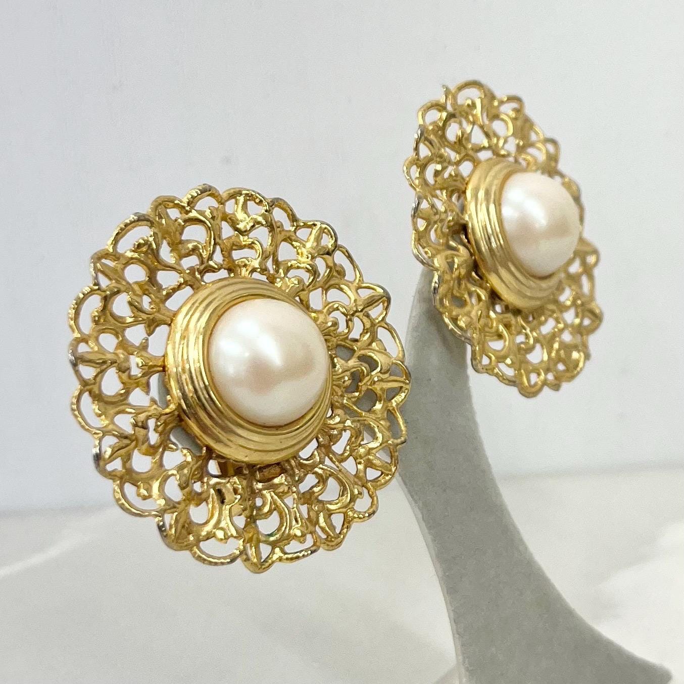 Vintage Gold Tone Large Filigree & Faux Pearl Clip On Earrings 1970’s - 1980’s MillyOliverVintage