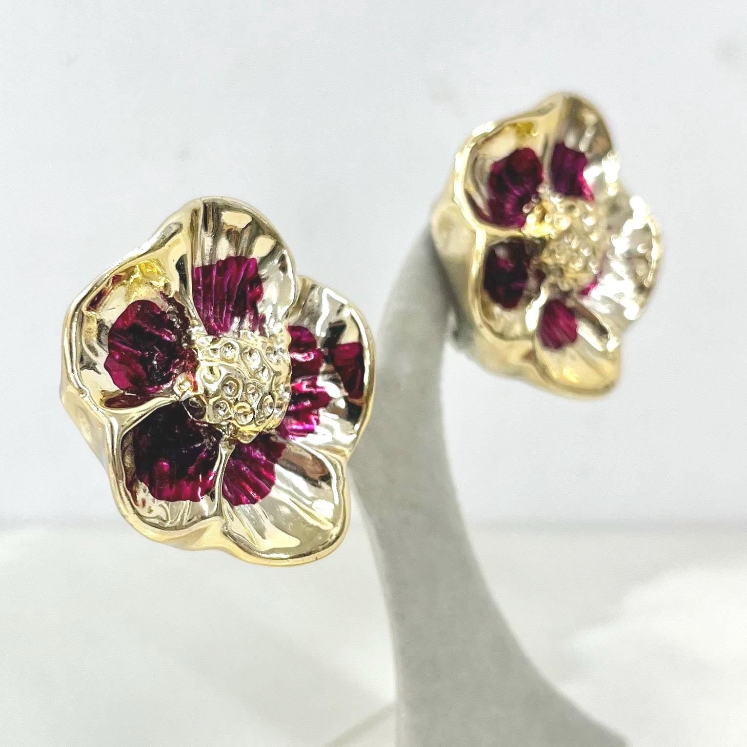 Vintage Chunky Fuchsia & Gold Tone Pansy Flower Statement Clip On Earrings 1980’s - 1990’s MillyOliverVintage