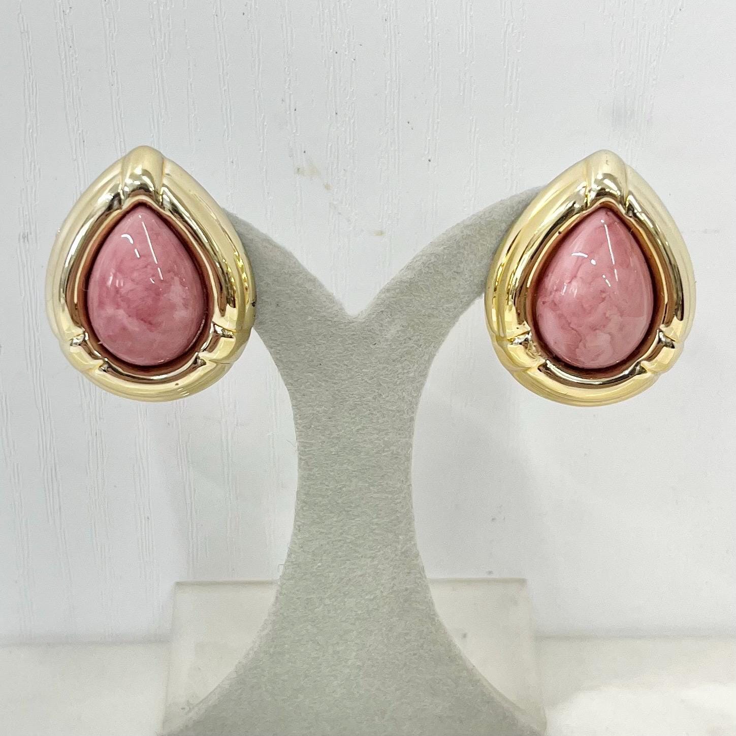 Vintage Chunky Gold Tone Pink Teardrop Statement Clip On Earrings 1980’s - 1990’s MillyOliverVintage