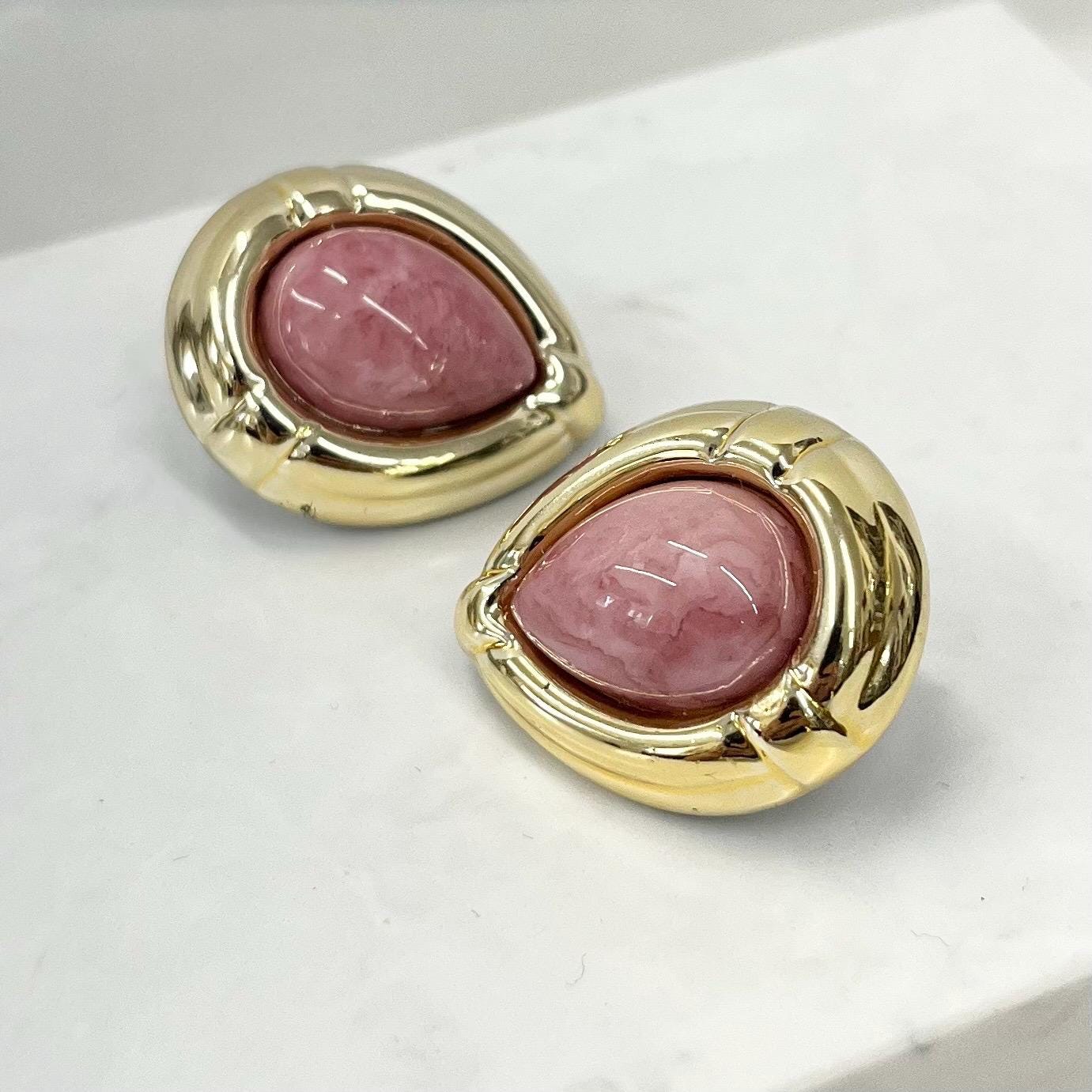 Vintage Chunky Gold Tone Pink Teardrop Statement Clip On Earrings 1980’s - 1990’s MillyOliverVintage