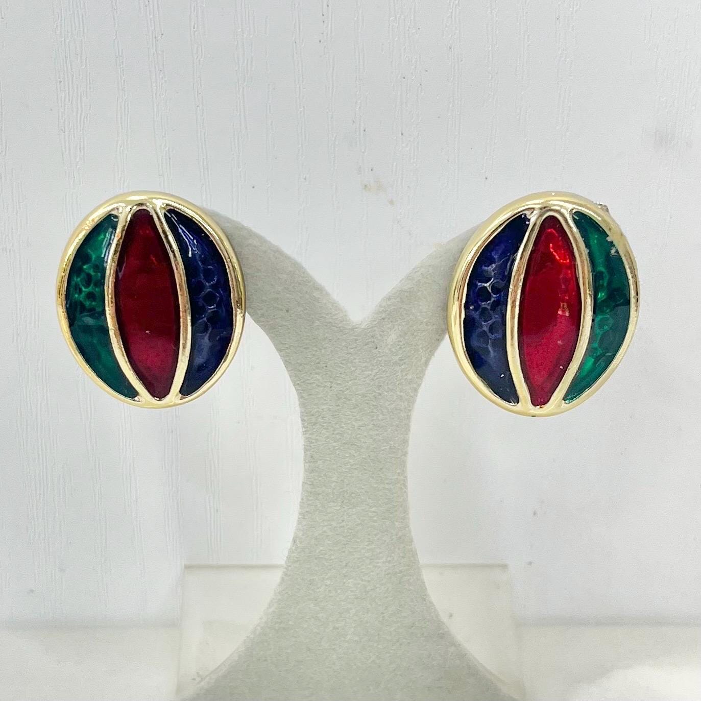 Vintage Enamel Oval Clip On Earrings Green Red Navy in a Gold Tone Setting 1980’s - 1990’s MillyOliverVintage
