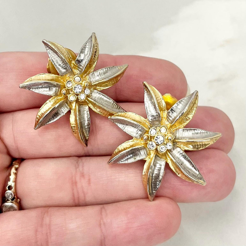 Vintage Two Tone Gold & Silver Star Flower Clip On Earrings with Diamante Accents 1970’s - 1980’s MillyOliverVintage