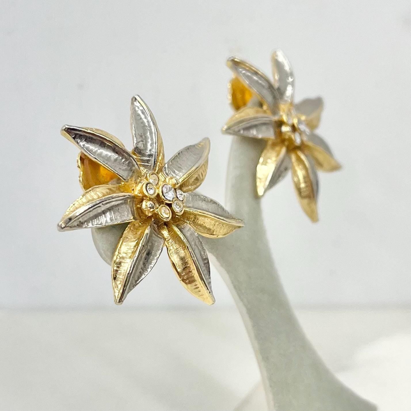 Vintage Two Tone Gold & Silver Star Flower Clip On Earrings with Diamante Accents 1970’s - 1980’s MillyOliverVintage