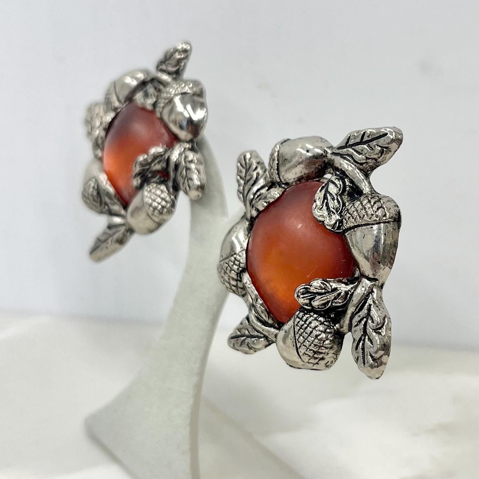 Vintage Atumnal Silver Tone Large Oversized Faux Amber Acorn Clip On Earrings 1970’s - 1980’s MillyOliverVintage