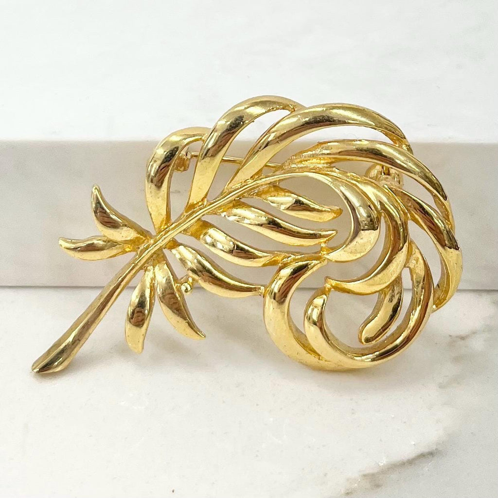 Vintage Gold Plated Scrolled Leaf Brooch Contempory Costume Jewellery Statement Piece MillyOliverVintage