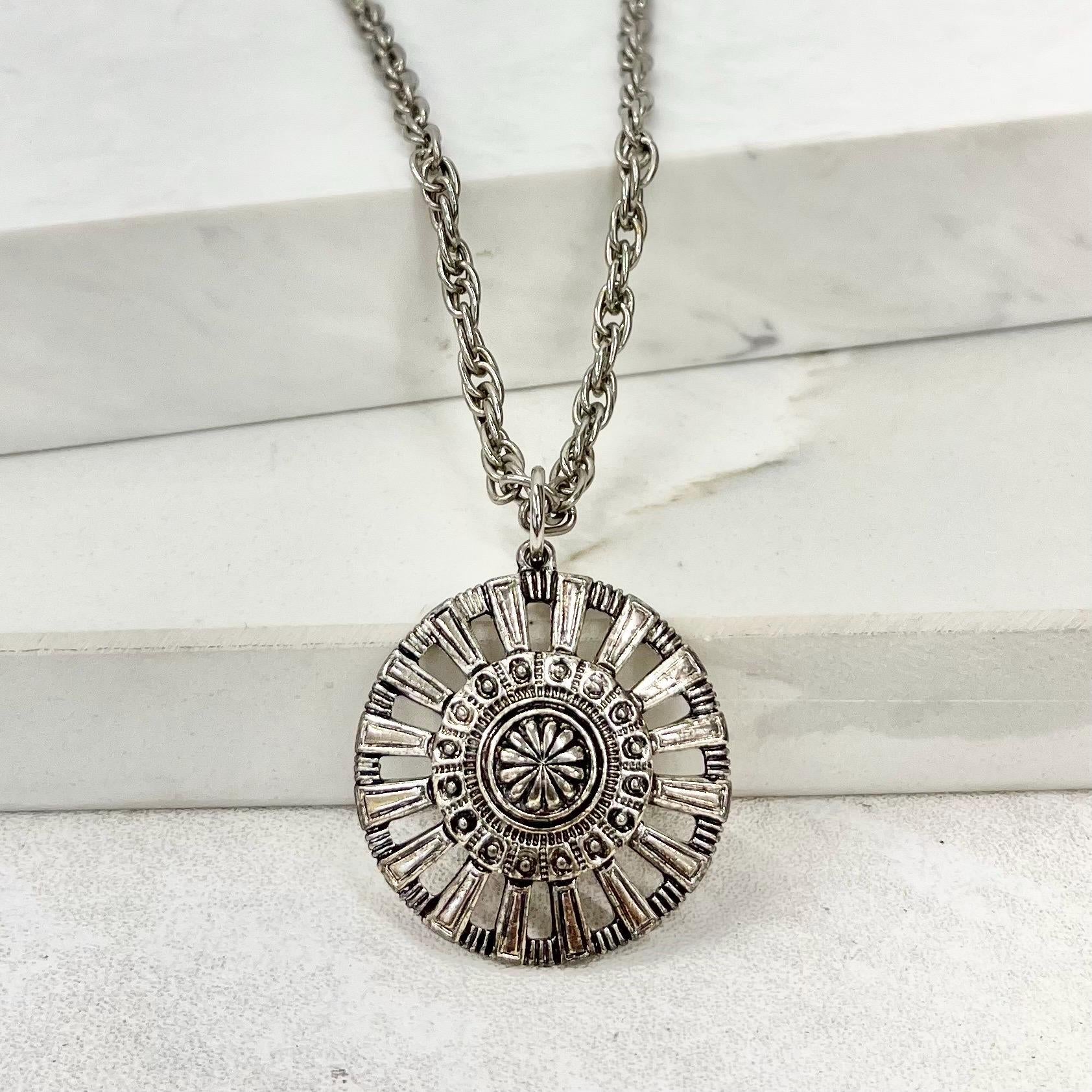 Vintage Aztec Style Pendant and Silver Tone 36” Chain MillyOliverVintage