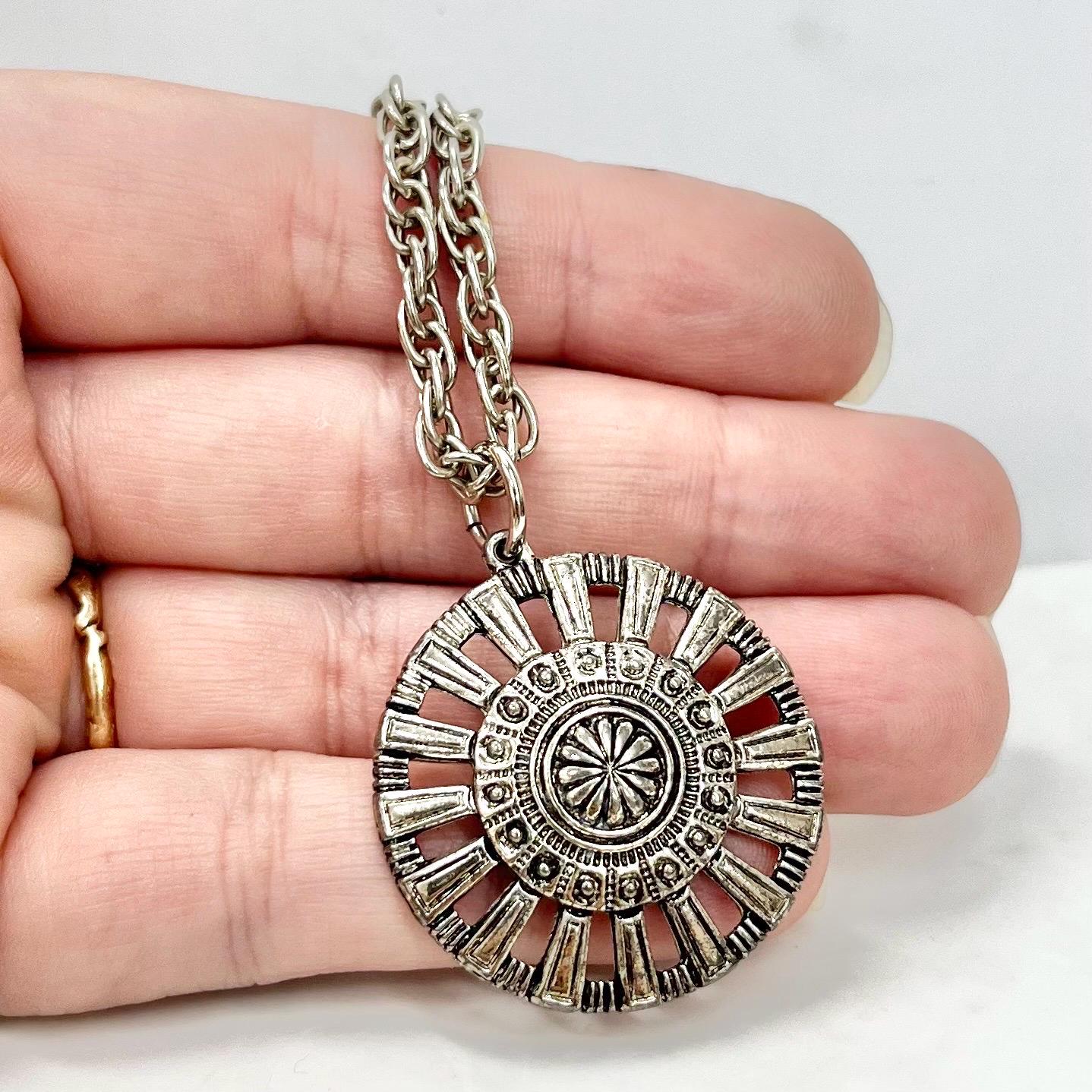 Vintage Aztec Style Pendant and Silver Tone 36” Chain MillyOliverVintage