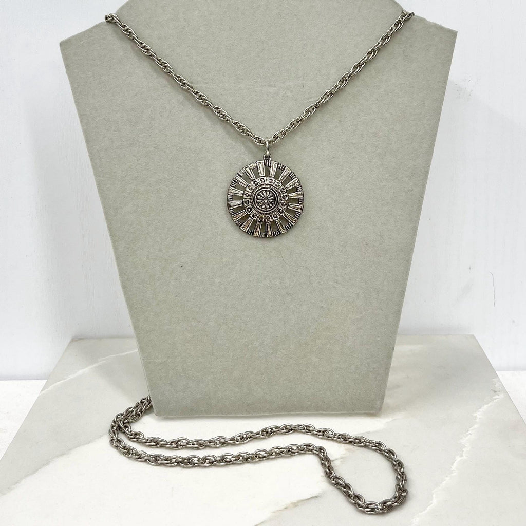 Vintage Aztec Style Pendant and Silver Tone 36” Chain MillyOliverVintage