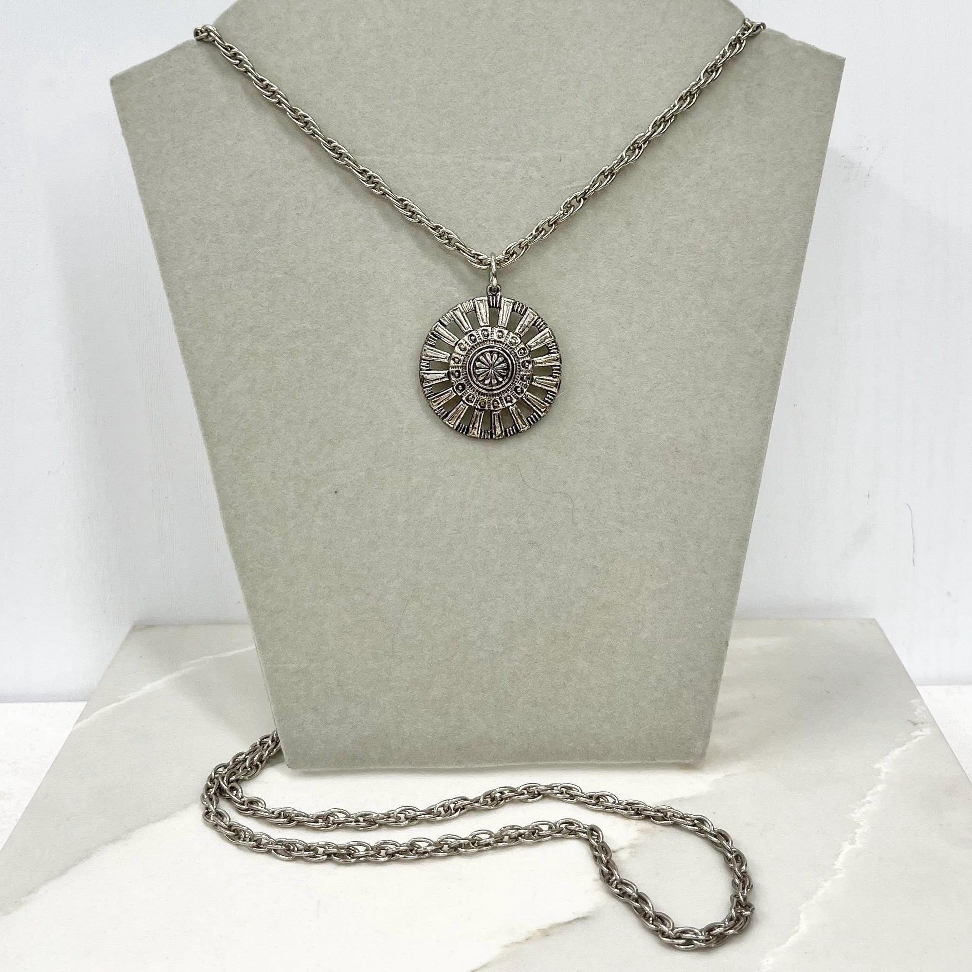 Vintage Aztec Style Pendant and Silver Tone 36” Chain MillyOliverVintage