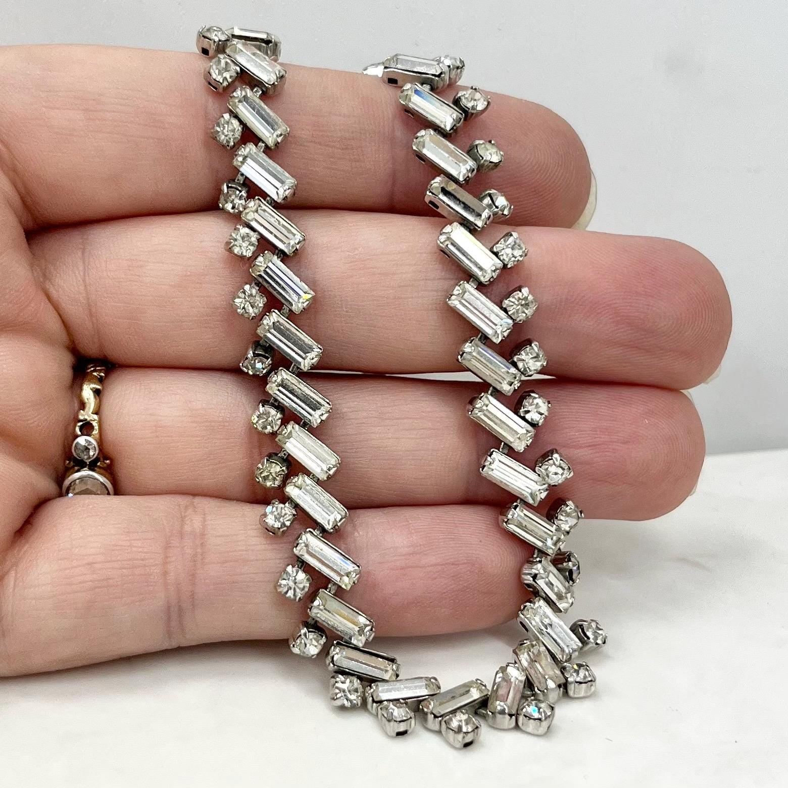 Vintage Silver Tone Diagonal Baguette Cut Crystal Paste Necklace 1960’s MillyOliverVintage