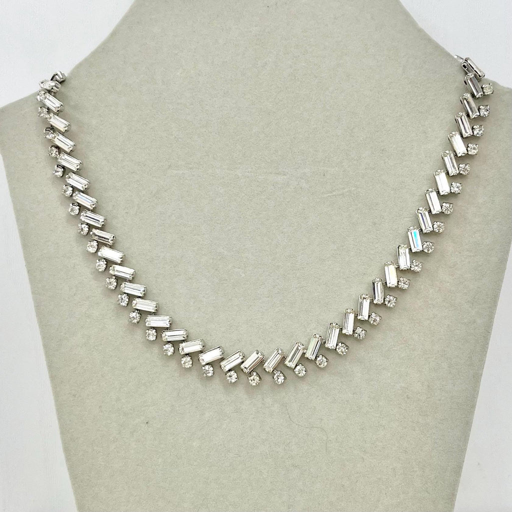 Vintage Silver Tone Diagonal Baguette Cut Crystal Paste Necklace 1960’s MillyOliverVintage