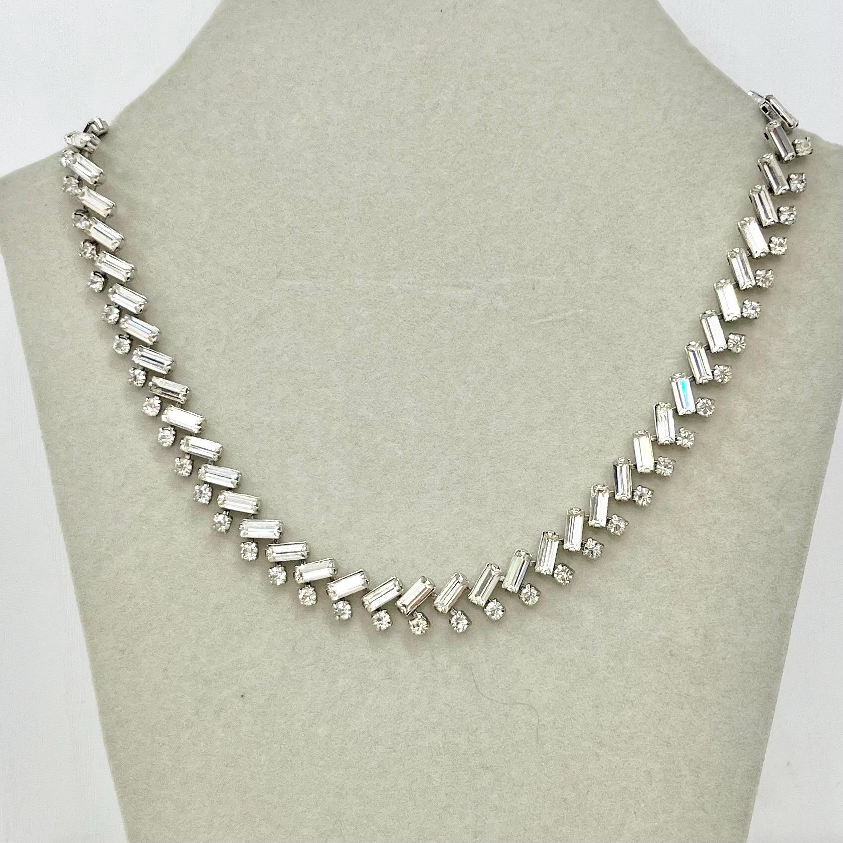 Vintage Silver Tone Diagonal Baguette Cut Crystal Paste Necklace 1960’s MillyOliverVintage
