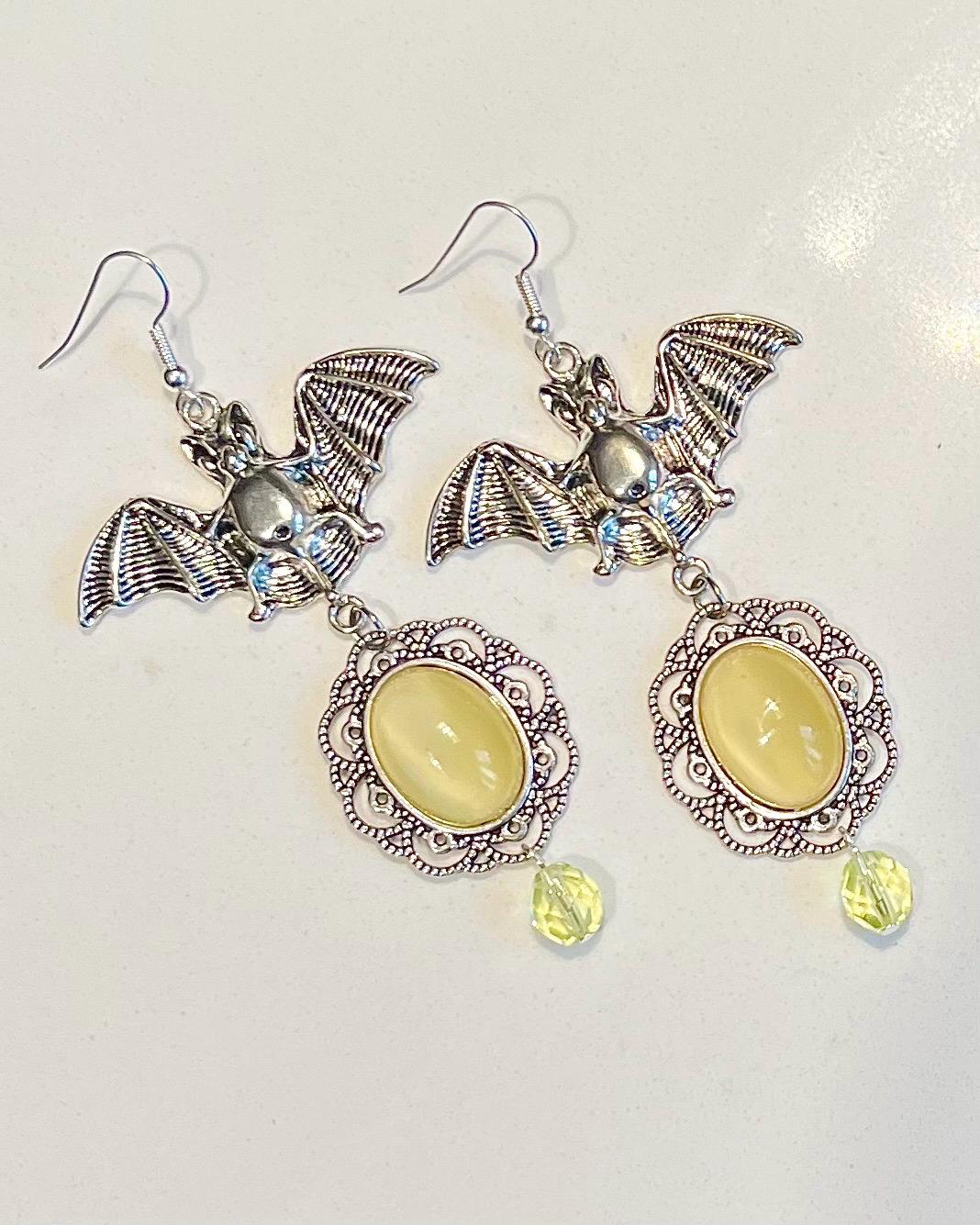 Uranium Glass Bat Drop Earrings: Yellow Czech Glass Beads UV Reactive MillyOliverVintage