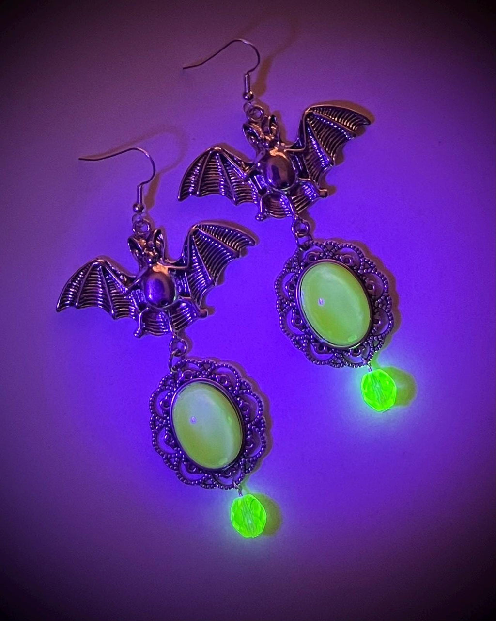 Uranium Glass Bat Drop Earrings: Yellow Czech Glass Beads UV Reactive MillyOliverVintage