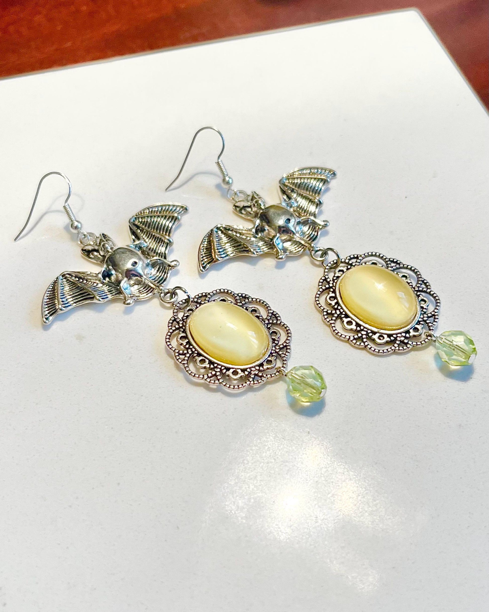 Uranium Glass Bat Drop Earrings: Yellow Czech Glass Beads UV Reactive MillyOliverVintage