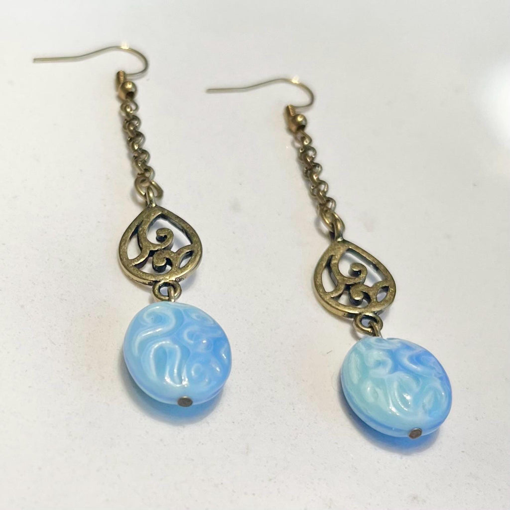 Uranium Glass Filigree Drop Earrings: Blue Czech Glass Beads UV Reactive MillyOliverVintage