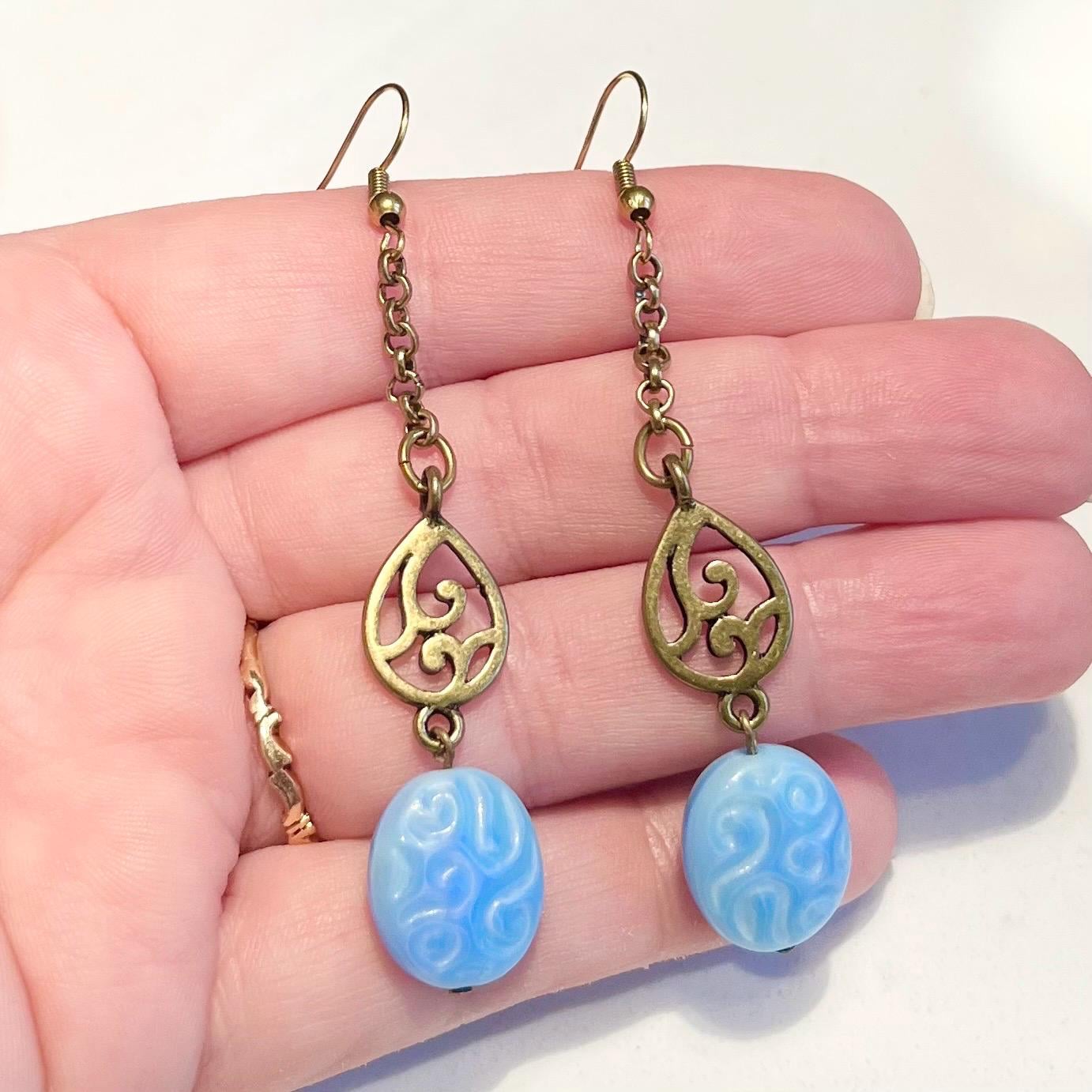 Uranium Glass Filigree Drop Earrings: Blue Czech Glass Beads UV Reactive MillyOliverVintage