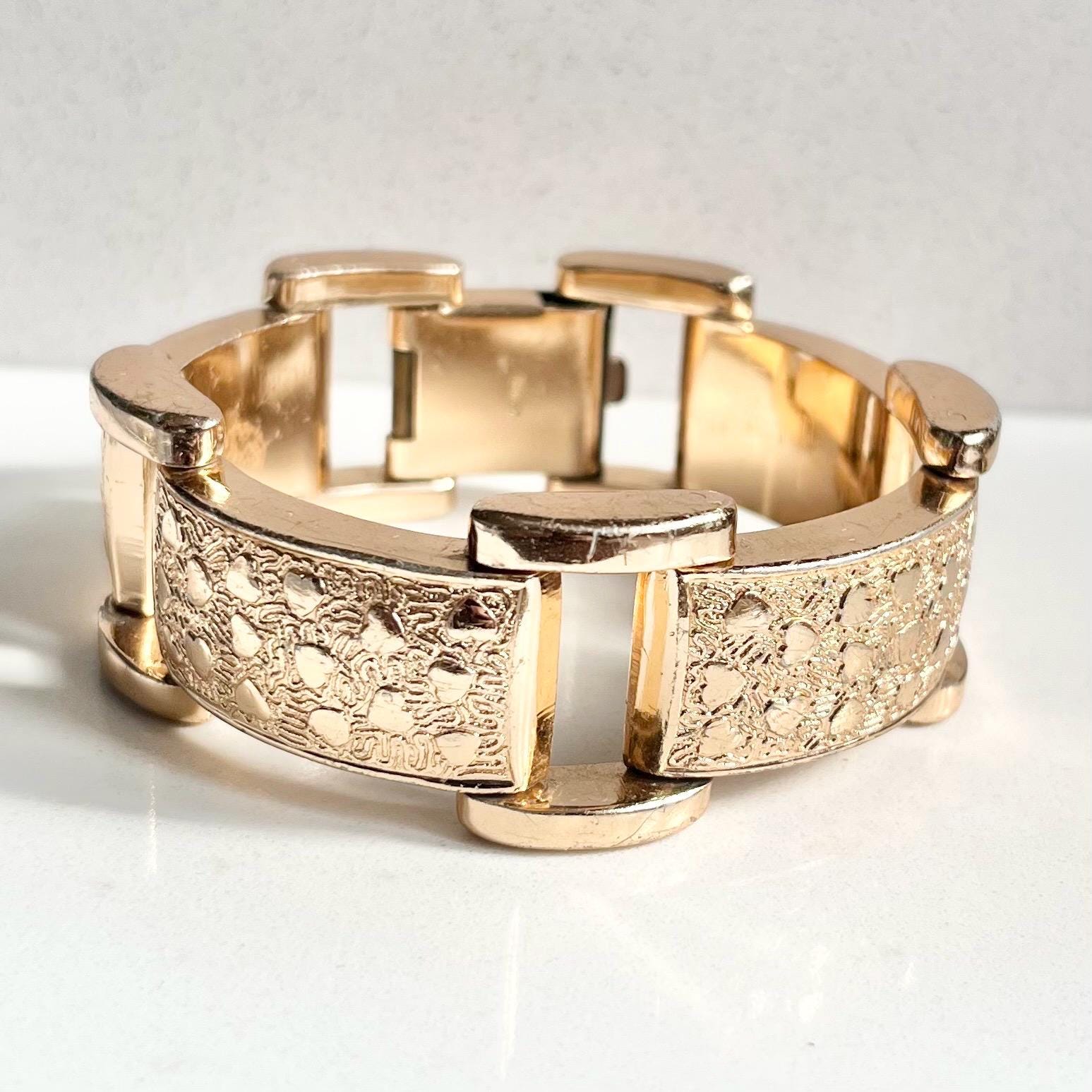 Vintage Globus 1970’s 1980’s Rose Gold Tone Heart Embossed Wide Link Bracelet MillyOliverVintage