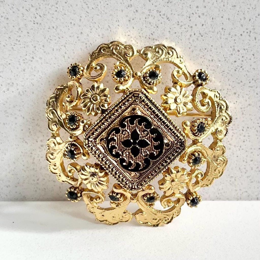 Vintage Sphinx Gold Tone Victorian Style Domed Brooch with Black Accents Costume Jewellery Statement Piece MillyOliverVintage