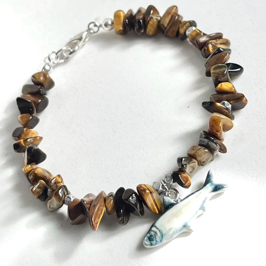 Fish & Chips Silver Plate Tigers Eye Bead Charm Bracelet - Milly Oliver MillyOliverVintage
