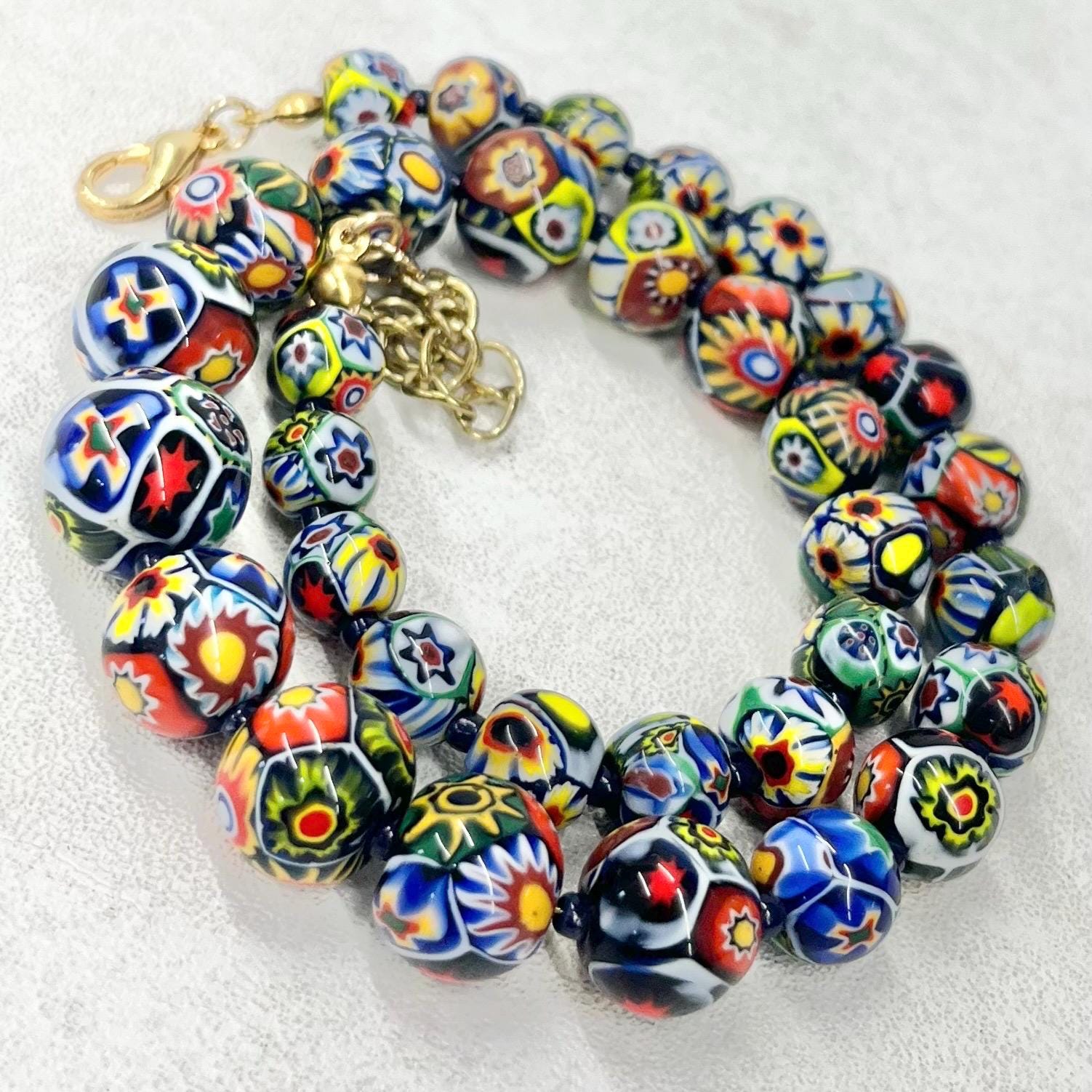 Vintage Multi Coloured Venetian Millefiori Glass Bead Necklace Murano Jewellery 16” Long MillyOliverVintage