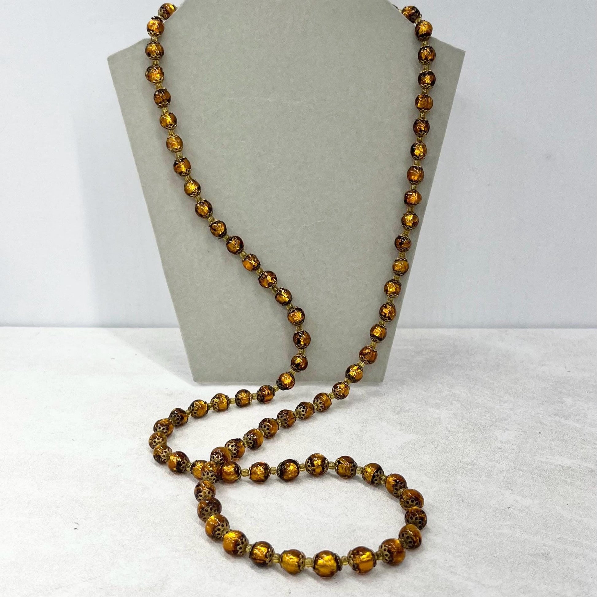 Vintage Gold Foil Lampwork Glass Bead Hand Necklace 36” Long with a Brass Barrel Clasp Stunning Handmade Lampwork Beads MillyOliverVintage
