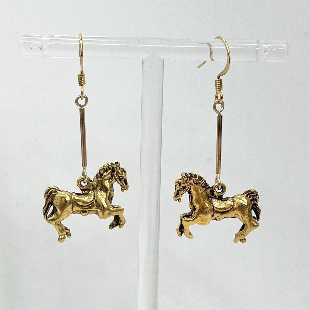 Gold Plate Merry Go Round Galloping Horse Drop Earrings Handmade MillyOliverVintage