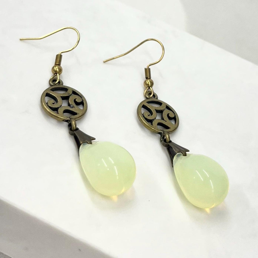 Uranium Teardrop Glass Brass Toned Filigree Drop Earrings: Vintage Czech Glass Beads UV Reactive MillyOliverVintage