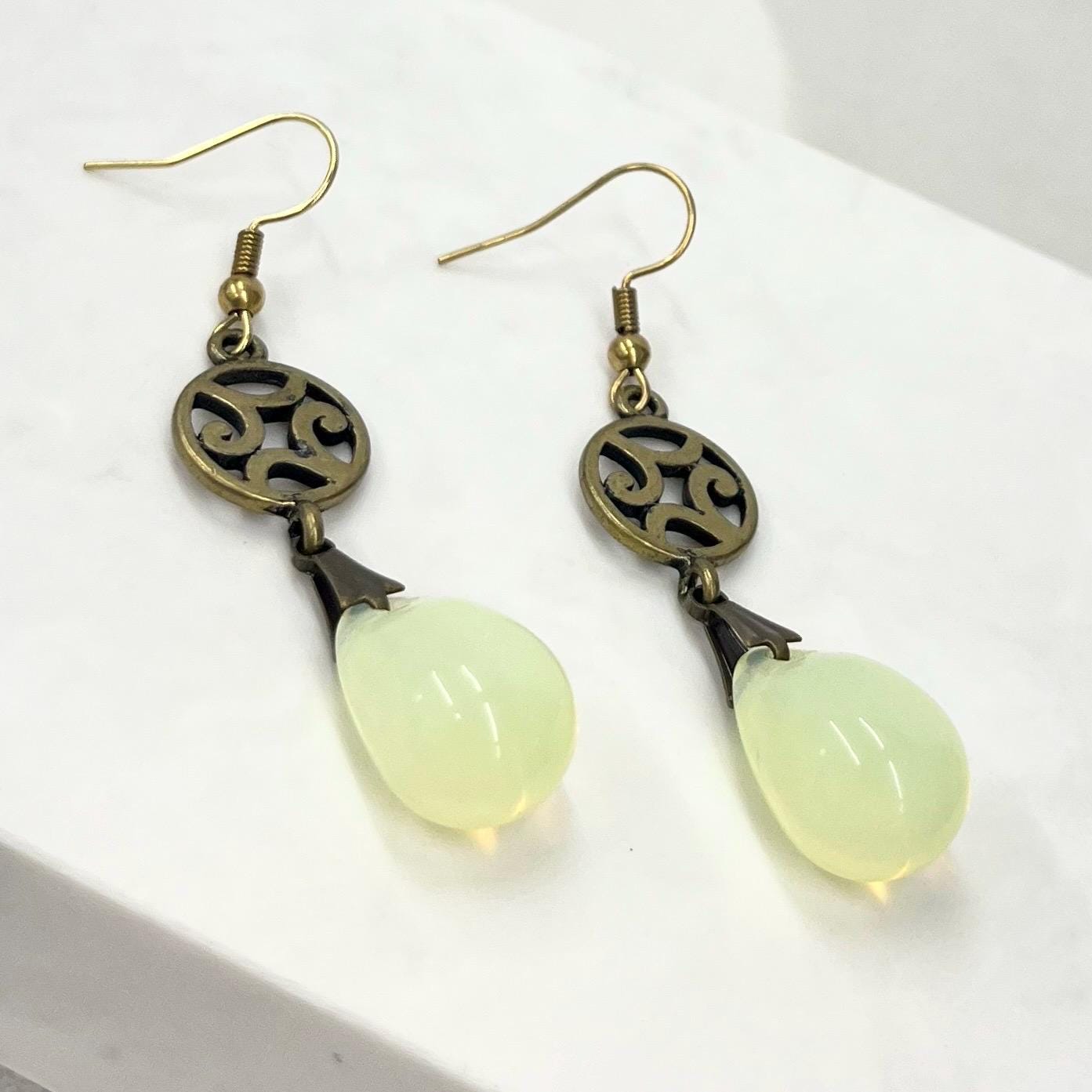 Uranium Teardrop Glass Brass Toned Filigree Drop Earrings: Vintage Czech Glass Beads UV Reactive MillyOliverVintage