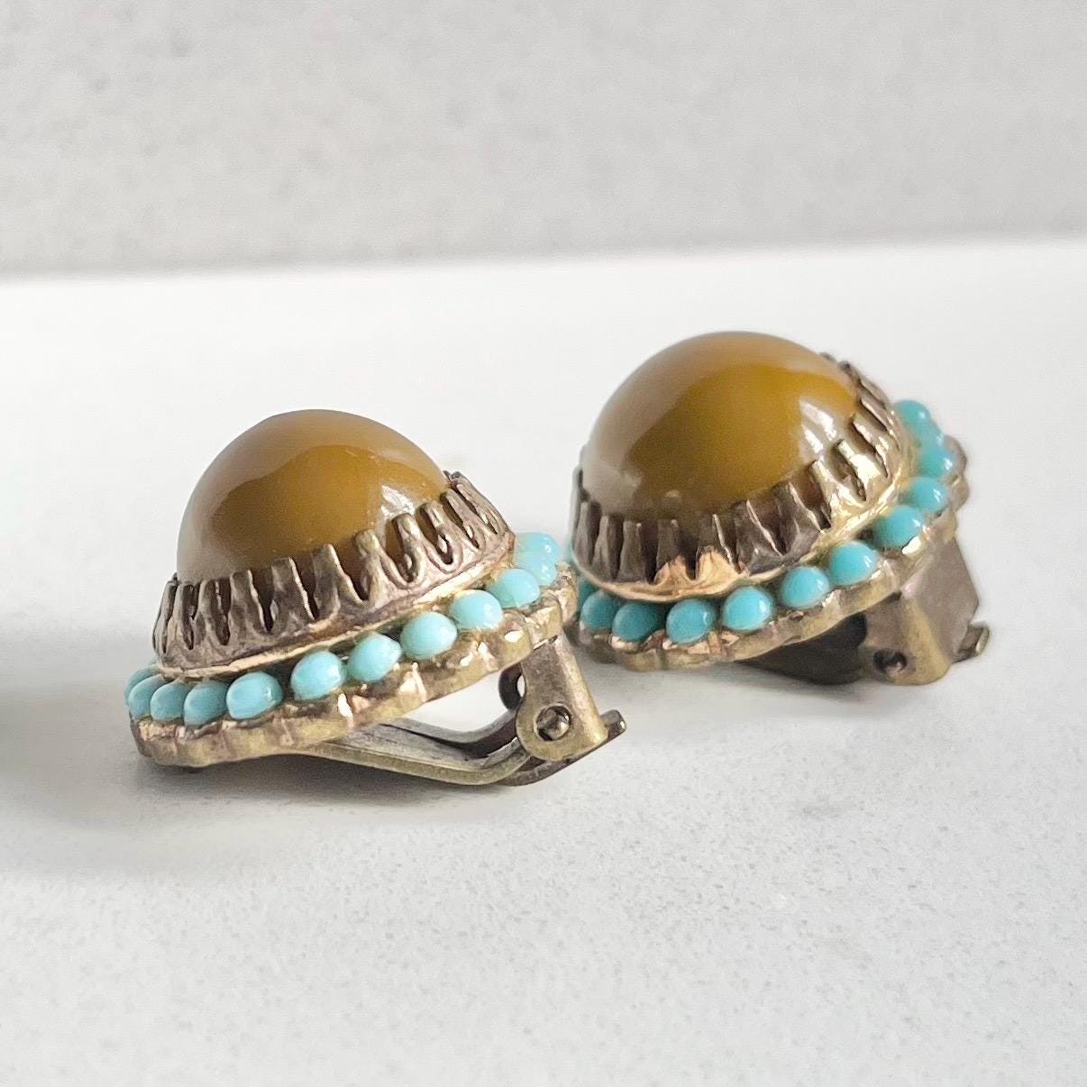 Rare Antique Butterscotch Amber Bakelite Clip on Earrings with a Turquoise Halo Made In Italy 1910-1920’s MillyOliverVintage